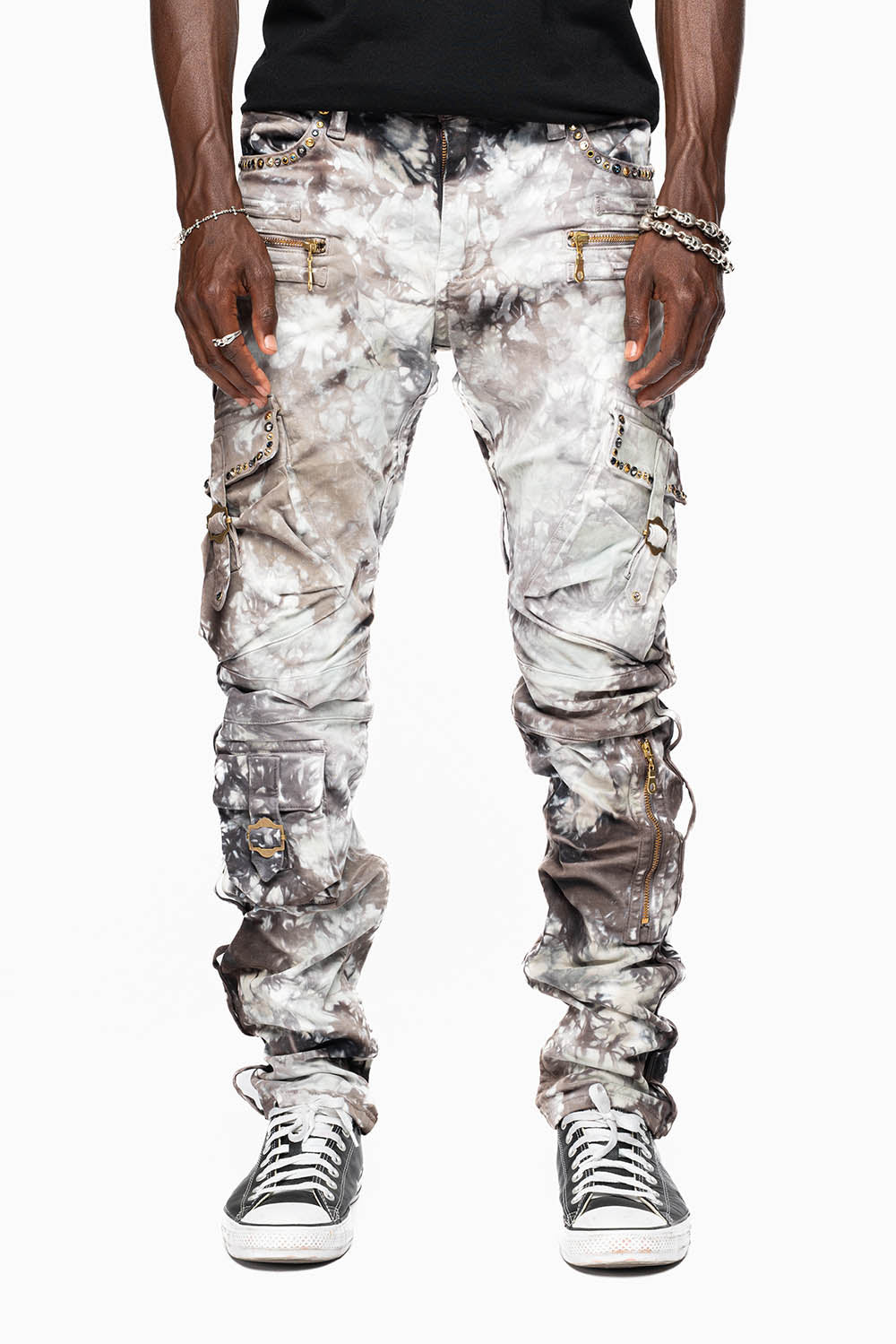 MILITARY STYLE CARGO PANTS IN BLACK UNIVERSE TIE DYE EMBELLISHED WITH CRYSTALS