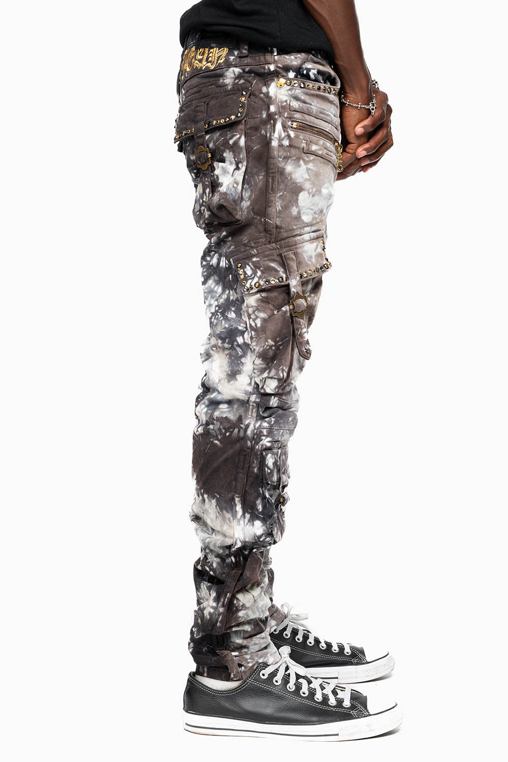 MILITARY STYLE CARGO PANTS IN BLACK UNIVERSE TIE DYE EMBELLISHED WITH CRYSTALS