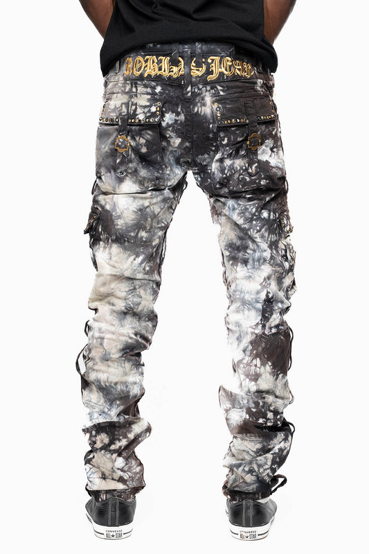 MILITARY STYLE CARGO PANTS IN BLACK UNIVERSE TIE DYE EMBELLISHED WITH CRYSTALS
