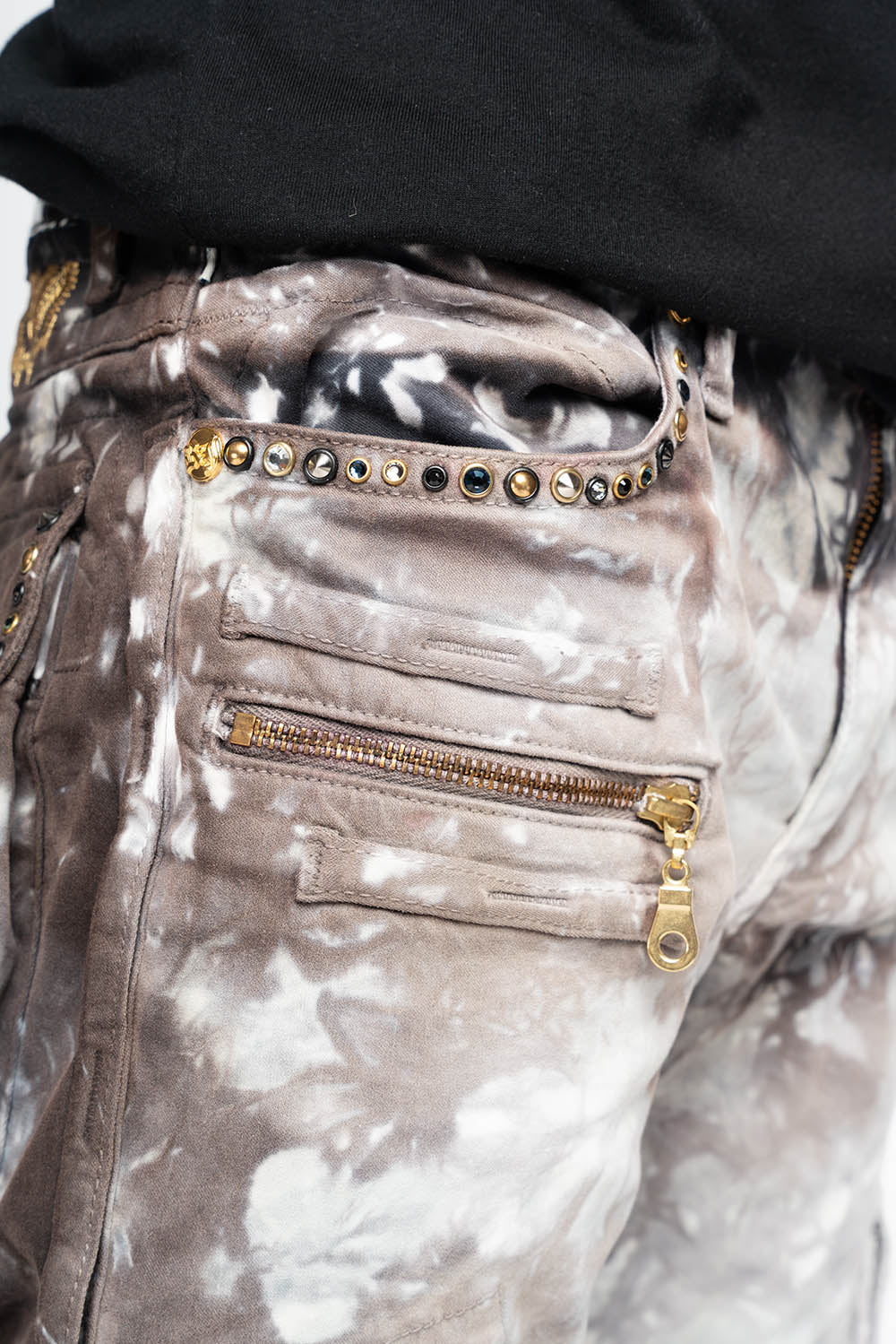 MILITARY STYLE CARGO PANTS IN BLACK UNIVERSE TIE DYE EMBELLISHED WITH CRYSTALS