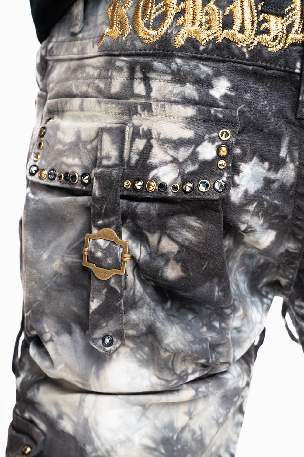 MILITARY STYLE CARGO PANTS IN BLACK UNIVERSE TIE DYE EMBELLISHED WITH CRYSTALS