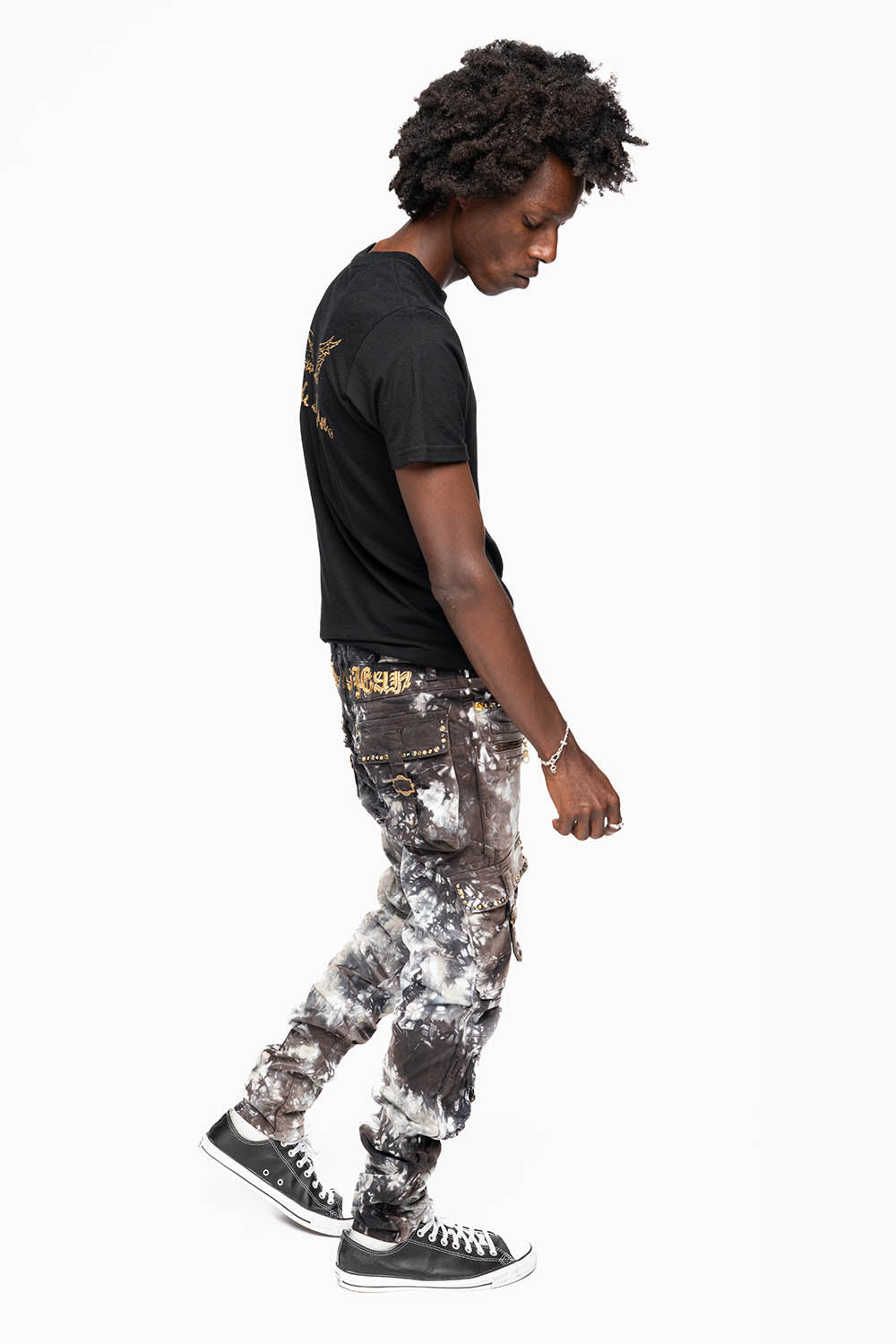 MILITARY STYLE CARGO PANTS IN BLACK UNIVERSE TIE DYE EMBELLISHED WITH CRYSTALS