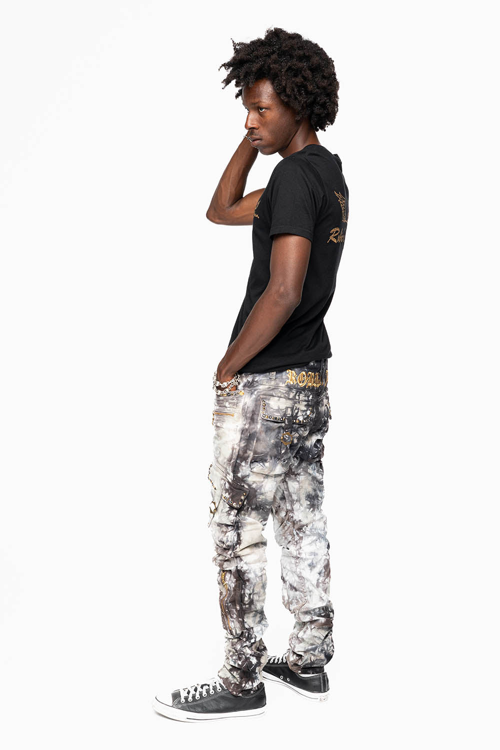 MILITARY STYLE CARGO PANTS IN BLACK UNIVERSE TIE DYE EMBELLISHED WITH CRYSTALS