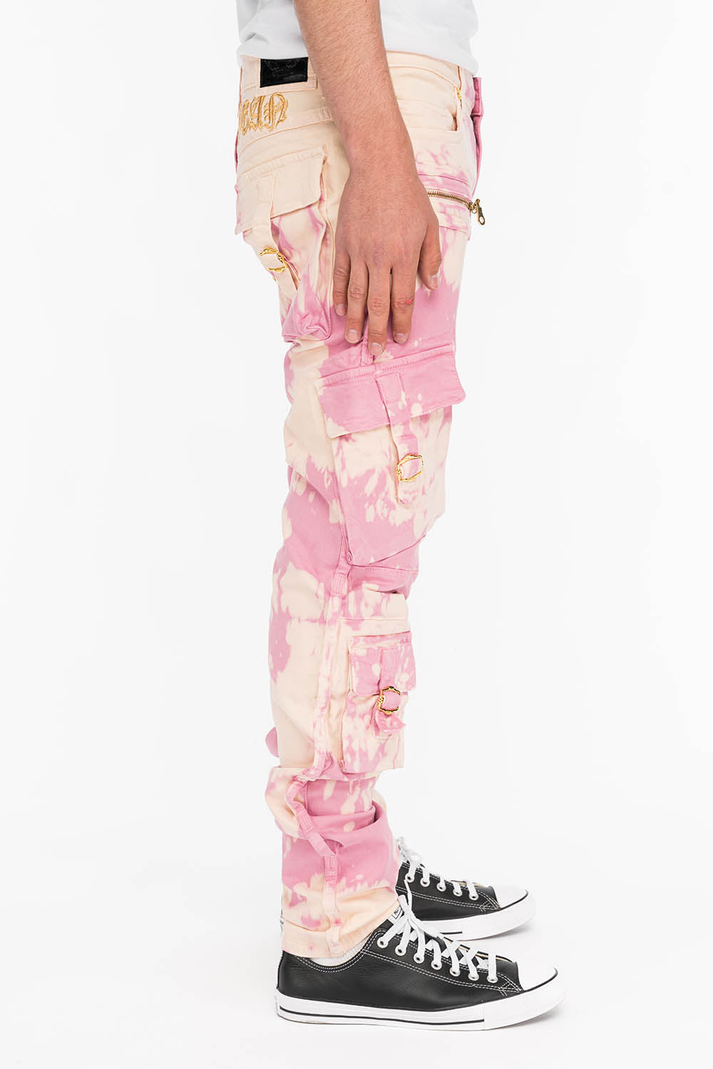 MILITARY STYLE MENS CARGO PANTS IN TIEDYE PINK AND BEIGE