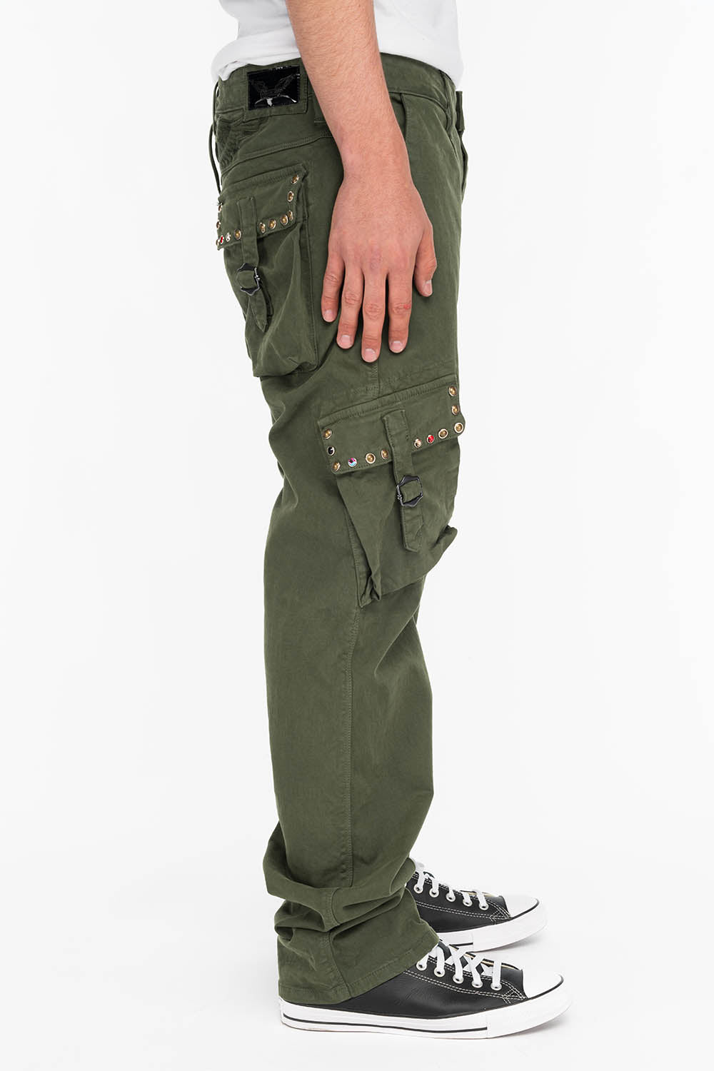 ROBINS NEW MILITARY STYLE CARGO PANTS IN GREEN ARMY WITH STUDS AND CRYSTALS