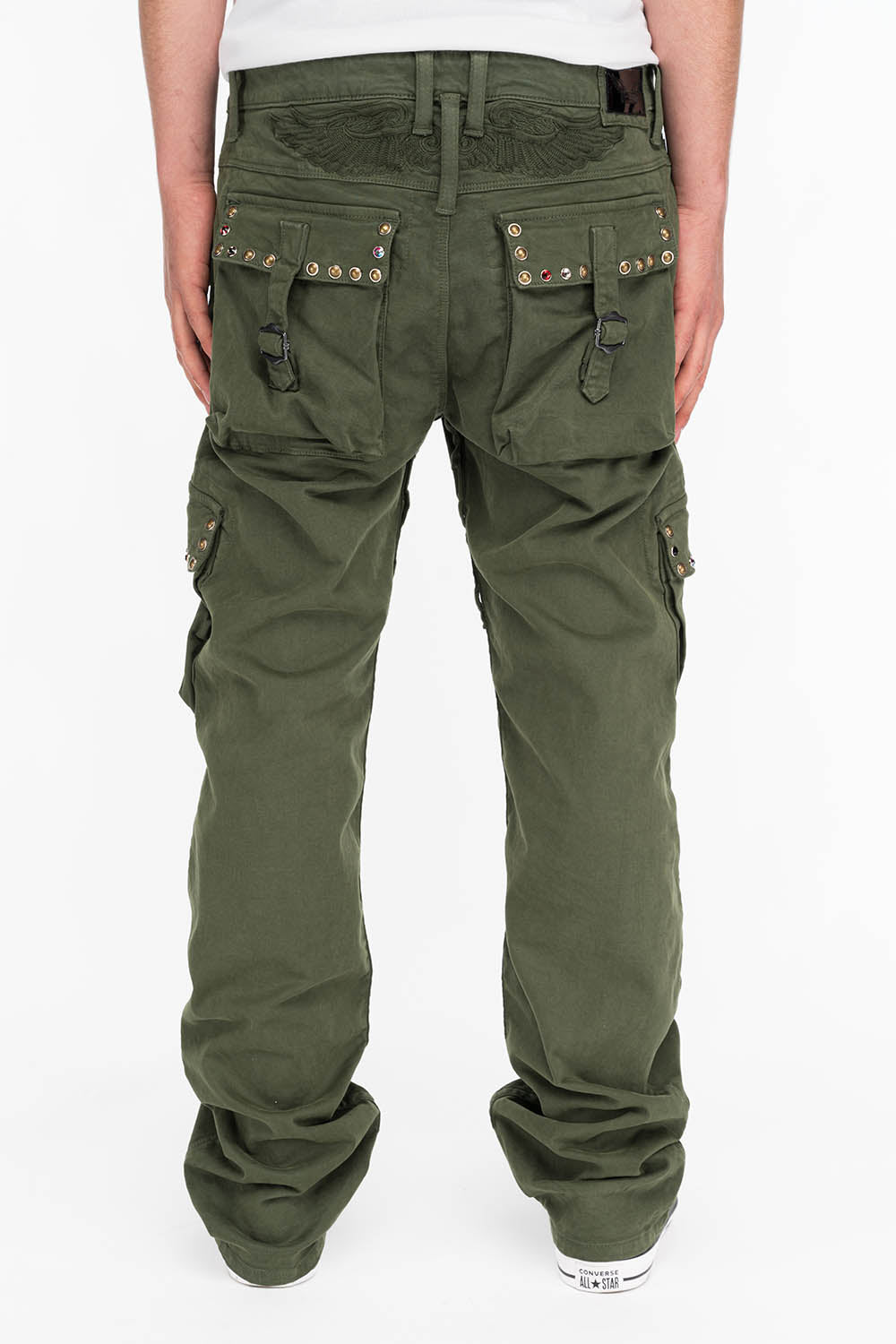 ROBINS NEW MILITARY STYLE CARGO PANTS IN GREEN ARMY WITH STUDS AND CRYSTALS