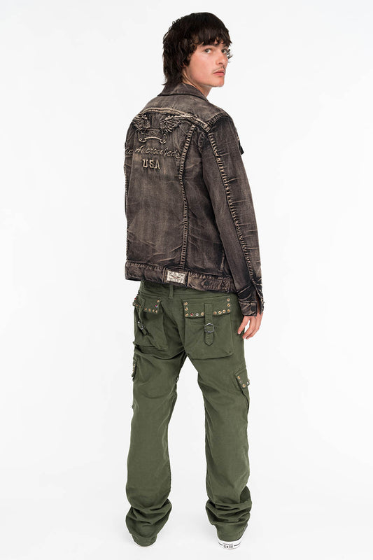 ROBINS NEW MILITARY STYLE CARGO PANTS IN GREEN ARMY WITH STUDS AND CRYSTALS