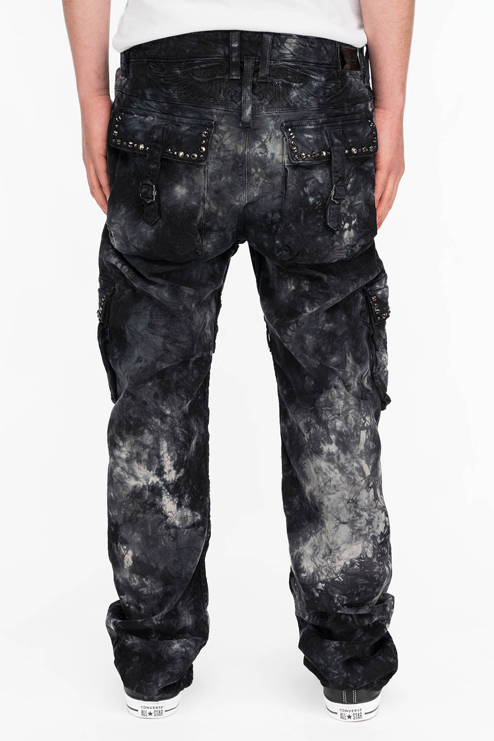 ROBINS NEW MILITARY STYLE CARGO PANTS IN ASTRO BLACK WASH WITH STUDS AND CRYSTALS