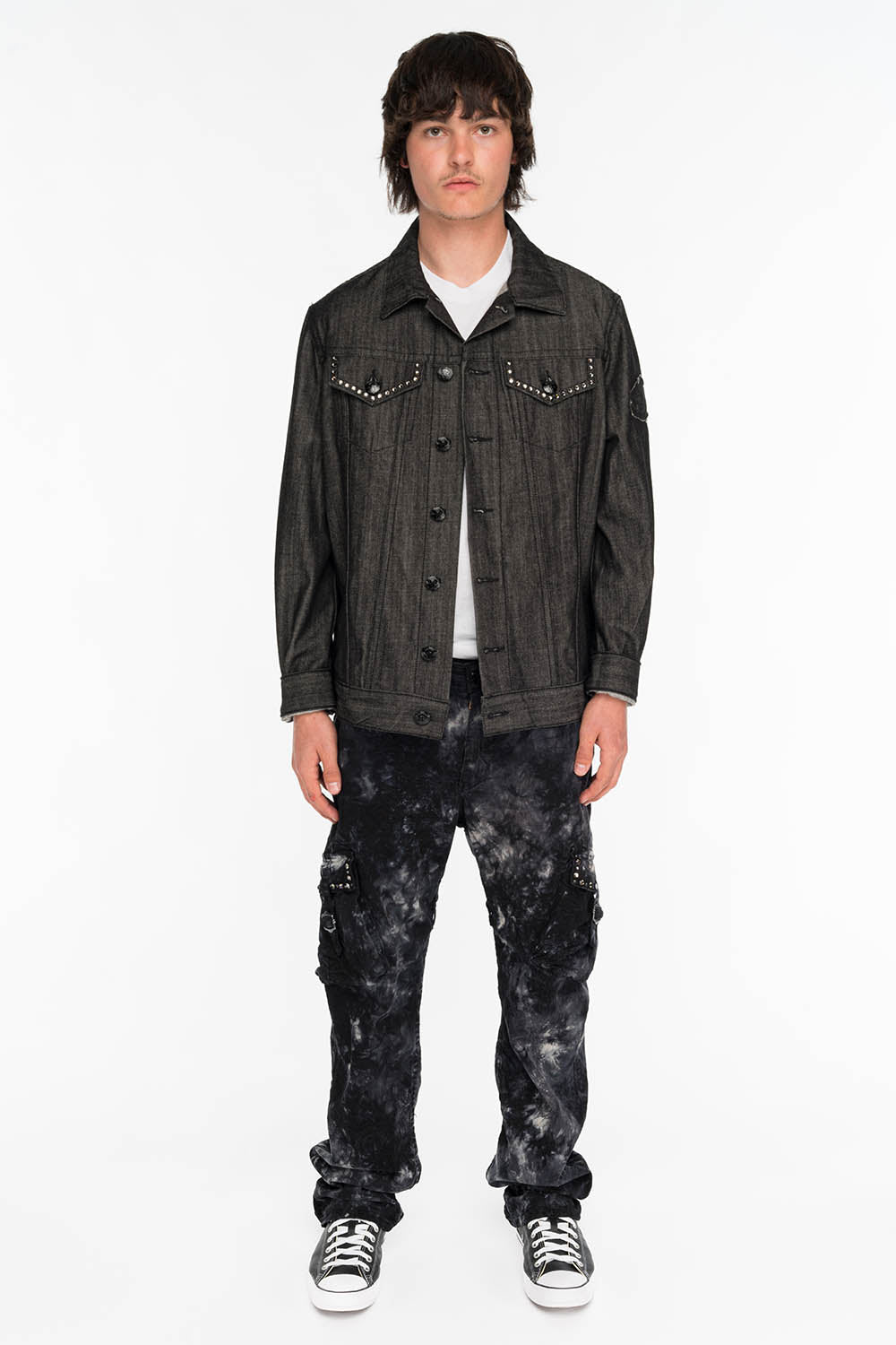 ROBINS NEW MILITARY STYLE CARGO PANTS IN ASTRO BLACK WASH WITH STUDS AND CRYSTALS