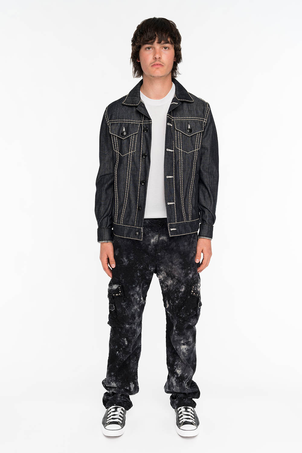 ROBINS NEW MILITARY STYLE CARGO PANTS IN ASTRO BLACK WASH WITH STUDS AND CRYSTALS