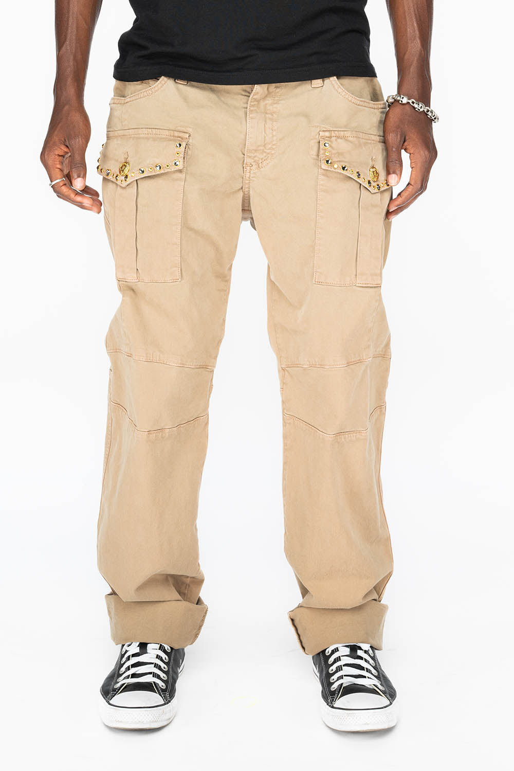 BOMBER POCKET PANTS WITH CRYSTALS IN BEIGE