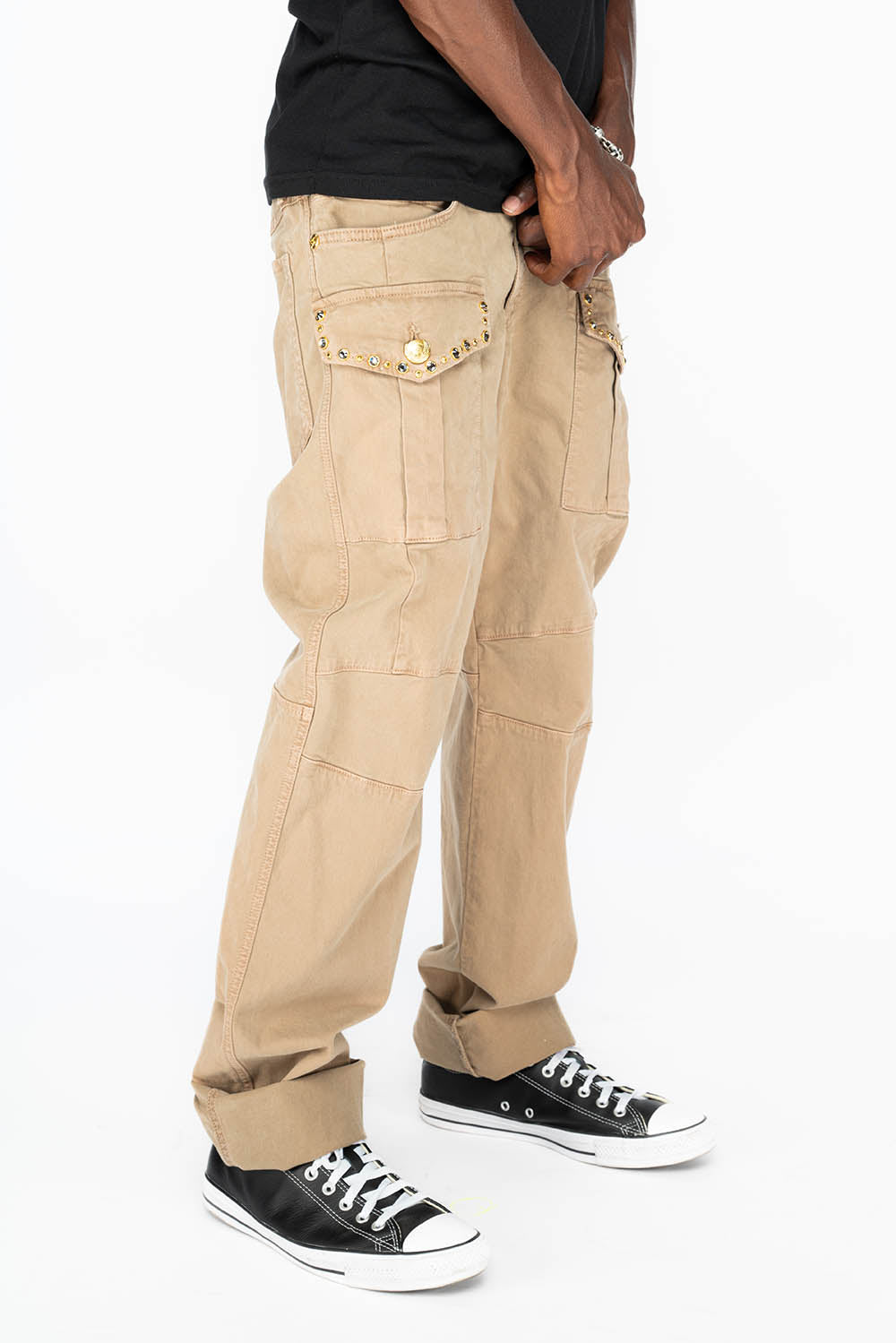 BOMBER POCKET PANTS WITH CRYSTALS IN BEIGE