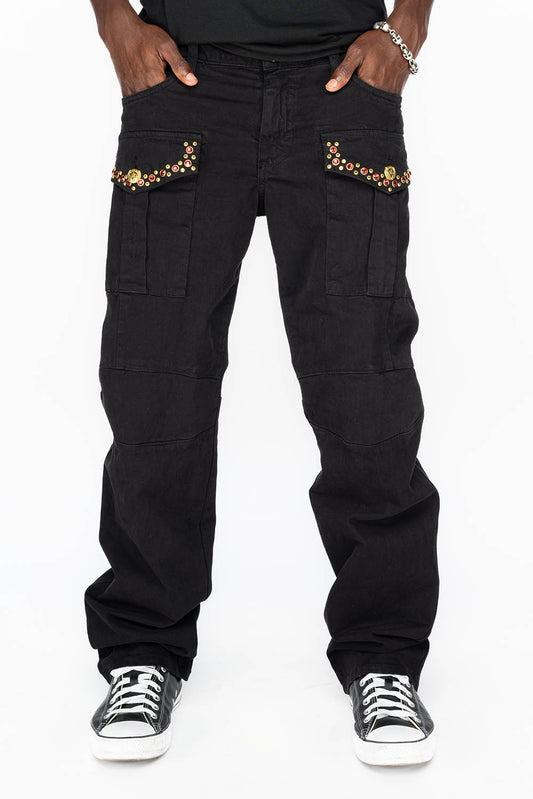 BOMBER POCKET PANTS WITH CRYSTALS IN BLACK