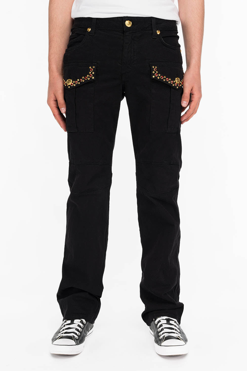 BOMBER POCKET PANTS WITH CRYSTALS IN BLACK