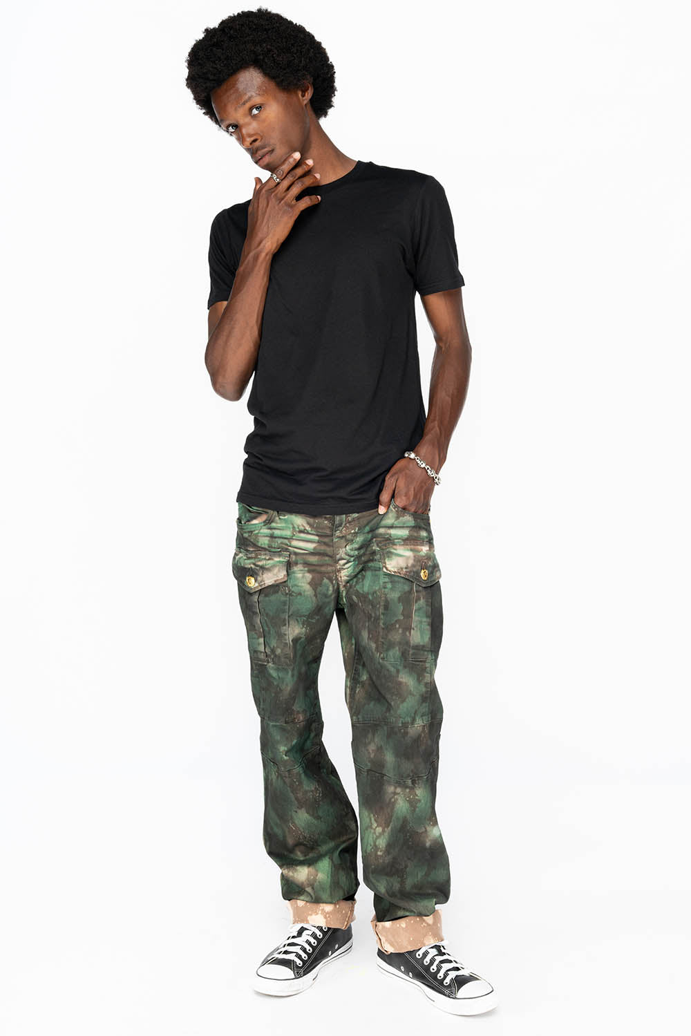 BOMBER POCKET PANTS IN TIE DYE CAMO GREEN