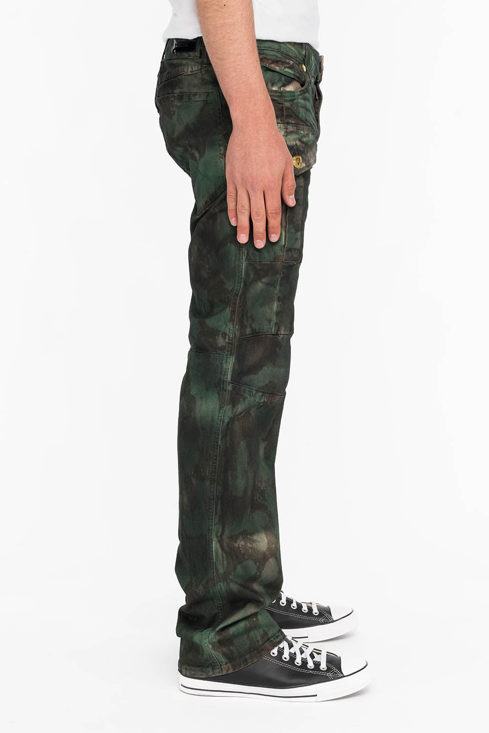 BOMBER POCKET PANTS IN TIE DYE CAMO GREEN