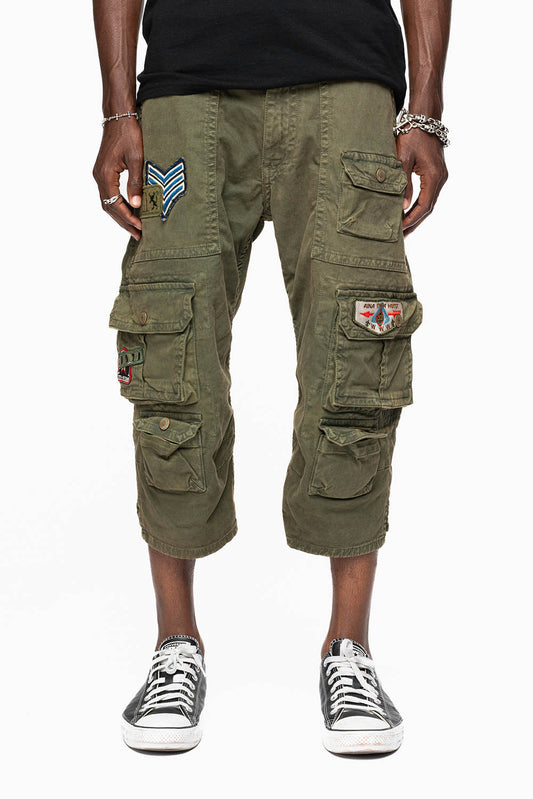 ORIGINAL ROBIN’S JEAN CALL OF DUTY CARGO SHORT IN GREEN ARMY WITH PATCHES