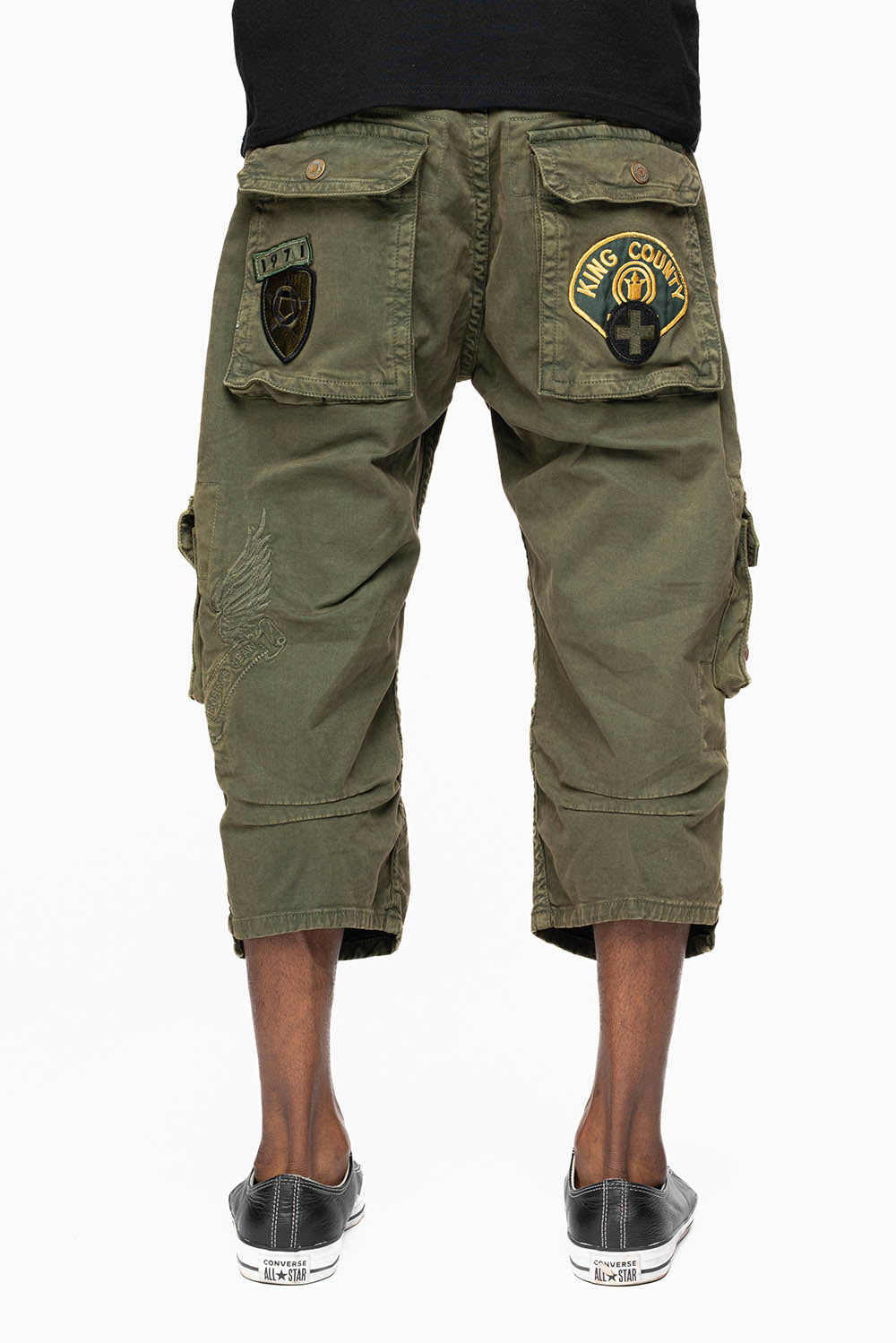 ORIGINAL ROBIN’S JEAN CALL OF DUTY CARGO SHORT IN GREEN ARMY WITH PATCHES