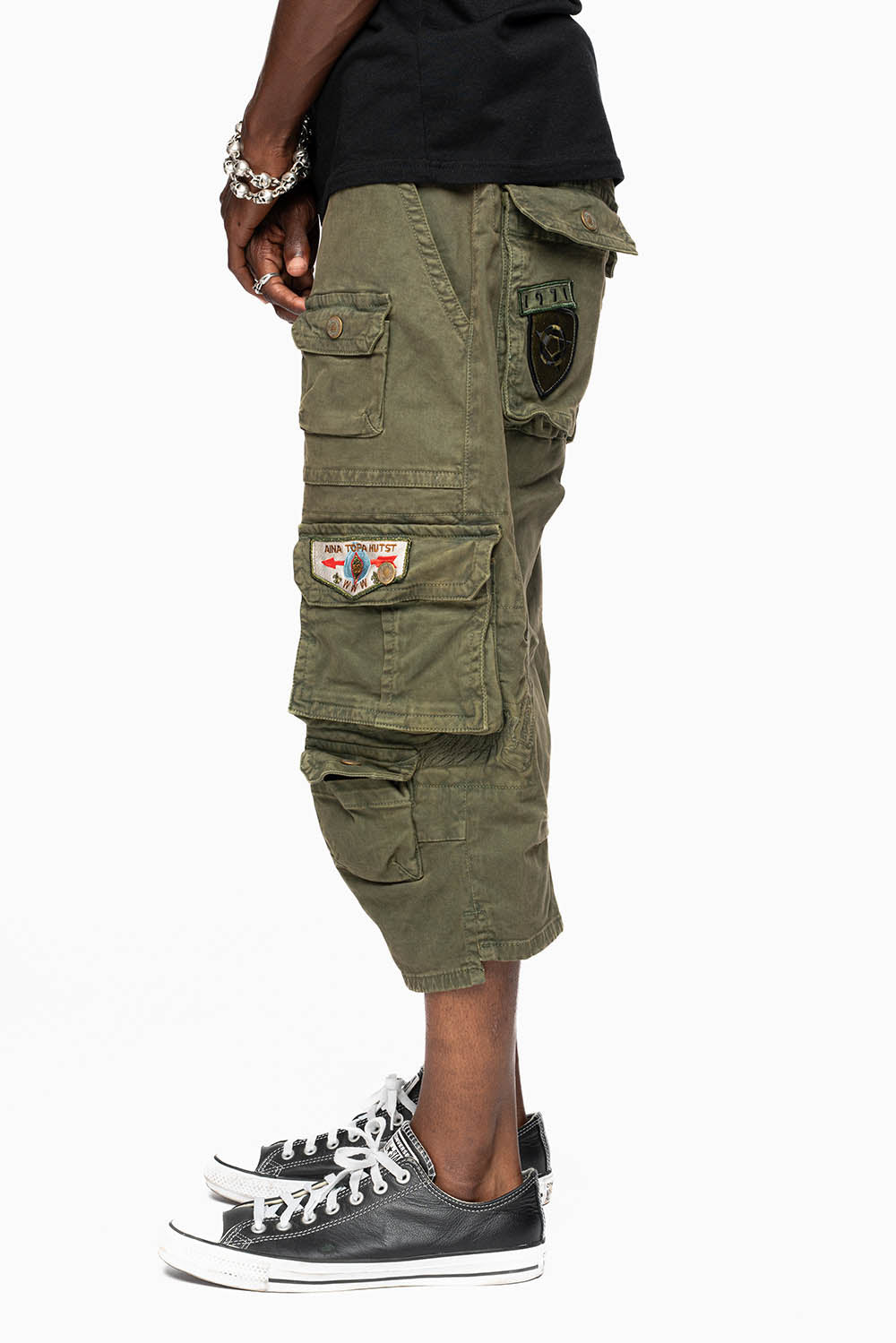 ORIGINAL ROBIN’S JEAN CALL OF DUTY CARGO SHORT IN GREEN ARMY WITH PATCHES