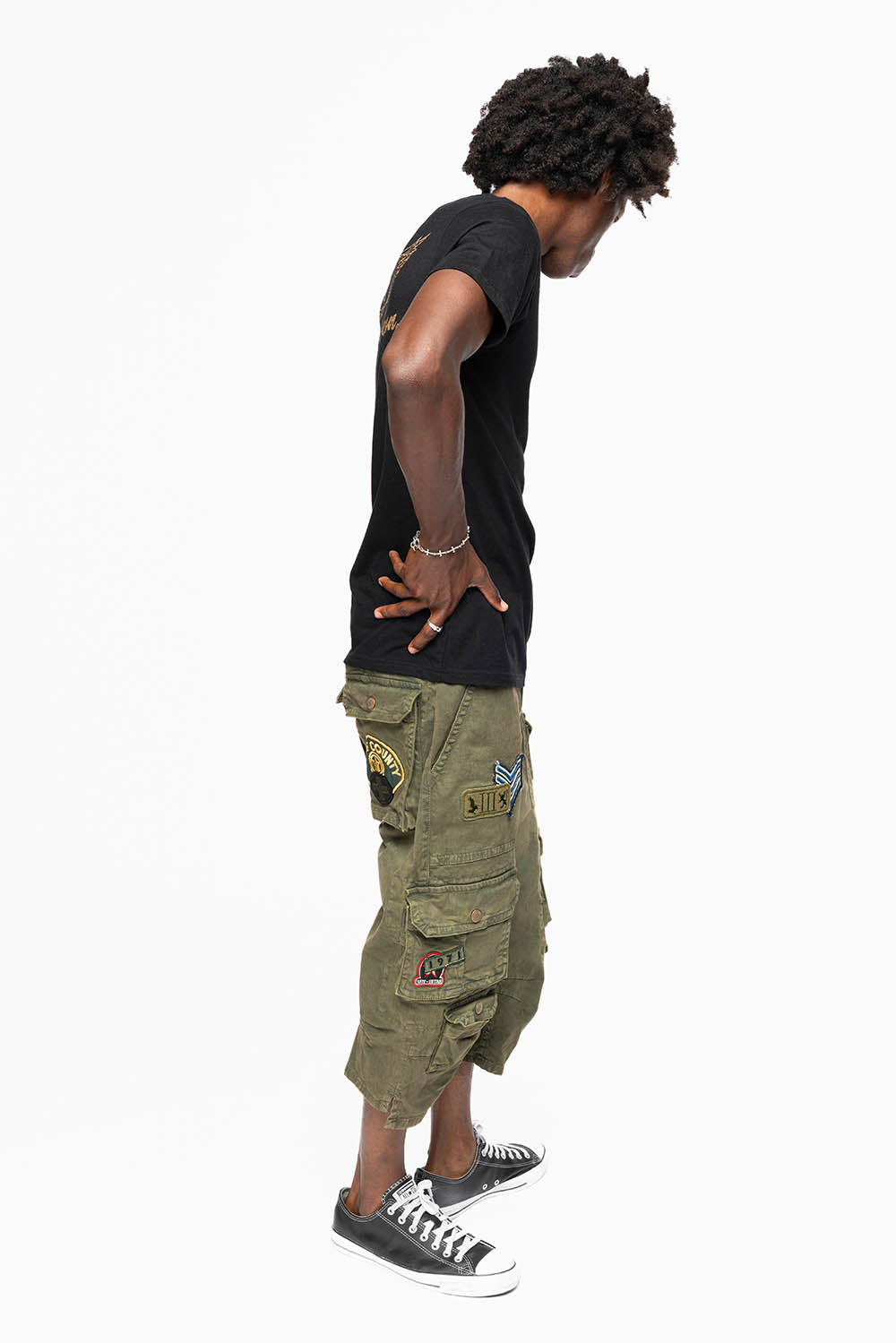 ORIGINAL ROBIN’S JEAN CALL OF DUTY CARGO SHORT IN GREEN ARMY WITH PATCHES