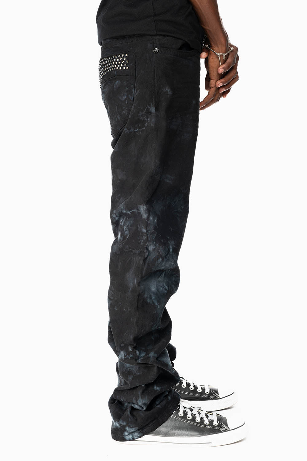 CLASSIC STRAIGHT LEG JEANS IN ASTRO BLACK WASH EMBELLISHED WITH BLK DIAMOND CRYSTALS