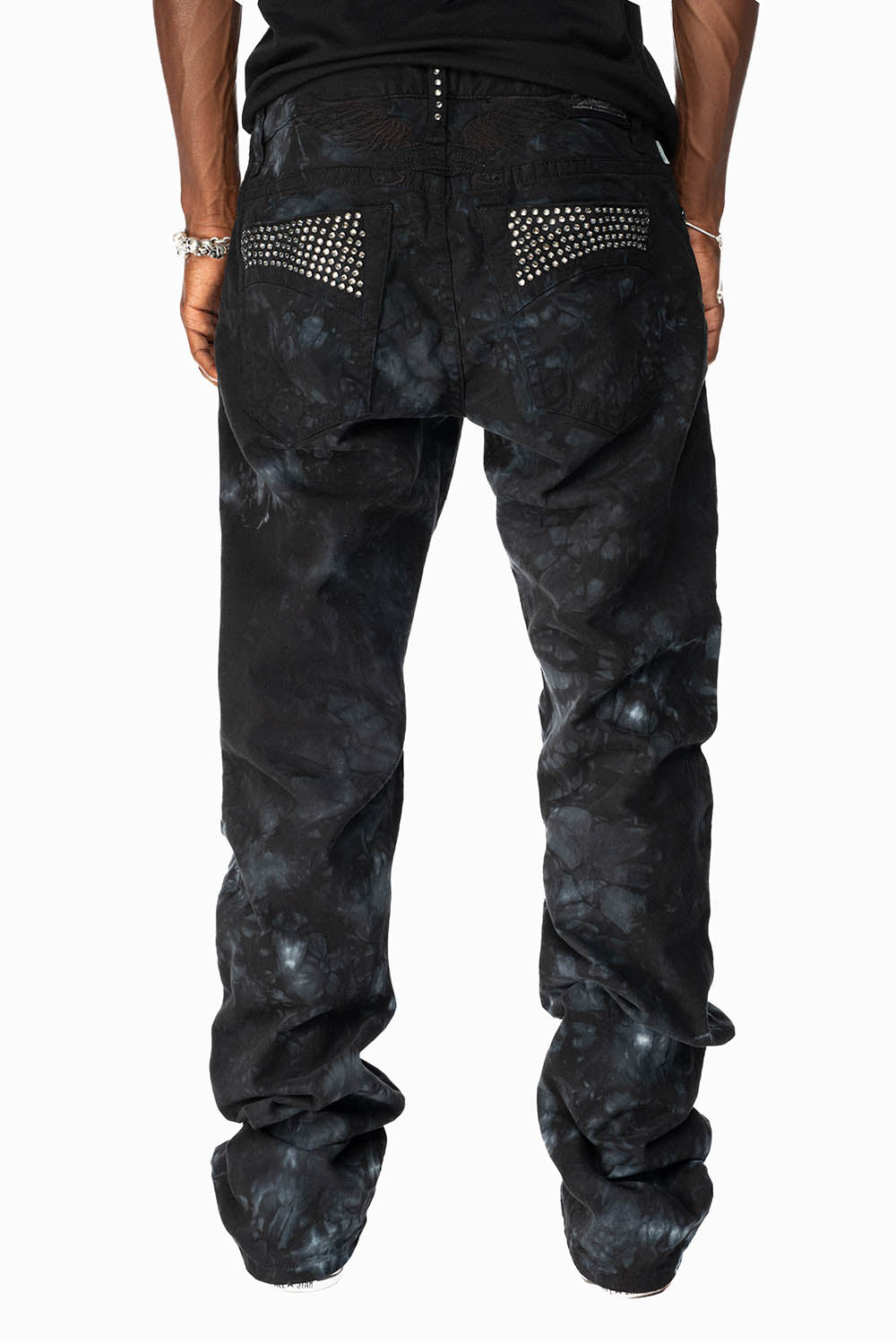CLASSIC STRAIGHT LEG JEANS IN ASTRO BLACK WASH EMBELLISHED WITH BLK DIAMOND CRYSTALS