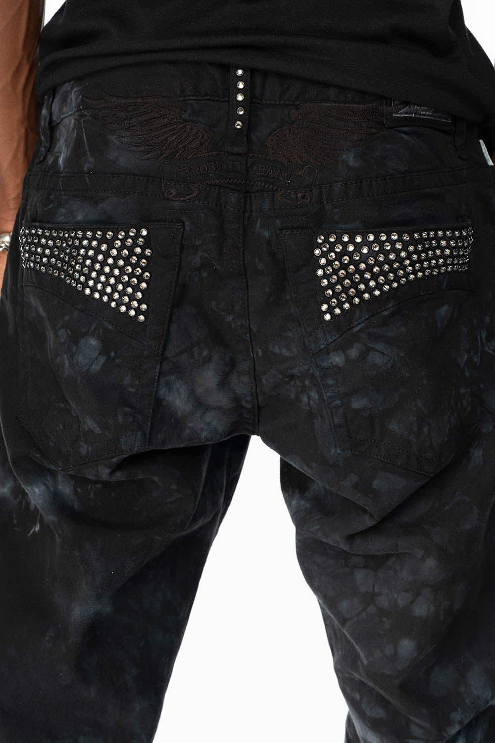 CLASSIC STRAIGHT LEG JEANS IN ASTRO BLACK WASH EMBELLISHED WITH BLK DIAMOND CRYSTALS