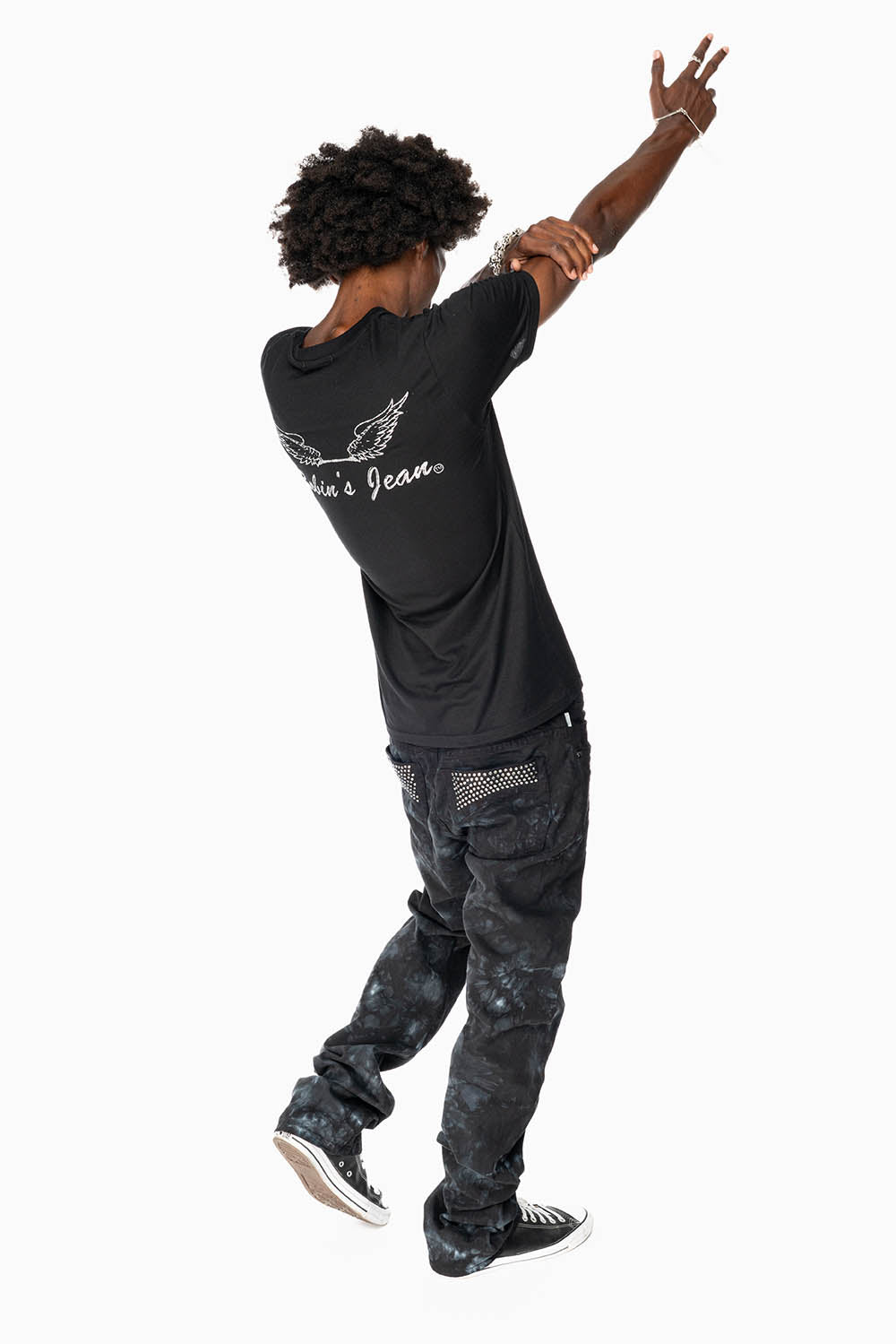 CLASSIC STRAIGHT LEG JEANS IN ASTRO BLACK WASH EMBELLISHED WITH BLK DIAMOND CRYSTALS