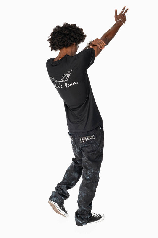 CLASSIC STRAIGHT LEG JEANS IN ASTRO BLACK WASH EMBELLISHED WITH BLK DIAMOND CRYSTALS