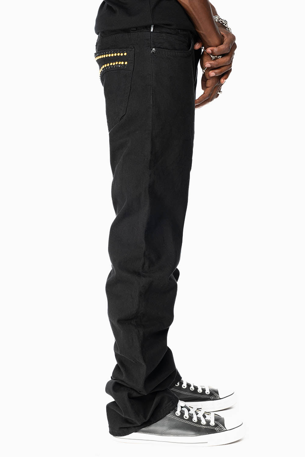 CLASSIC STRAIGHT LEG JEANS IN  BLACK WASH EMBELLISHED WITH STUDS & CRYSTALS