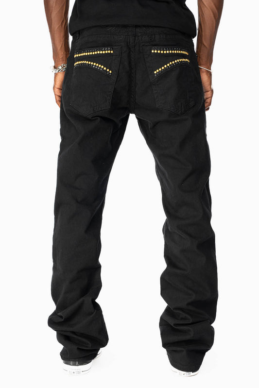 CLASSIC STRAIGHT LEG JEANS IN  BLACK WASH EMBELLISHED WITH STUDS & CRYSTALS