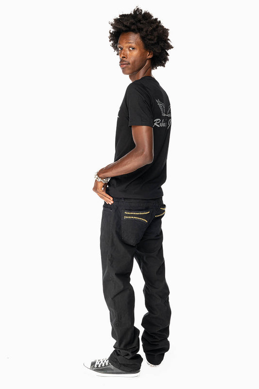 CLASSIC STRAIGHT LEG JEANS IN  BLACK WASH EMBELLISHED WITH STUDS & CRYSTALS
