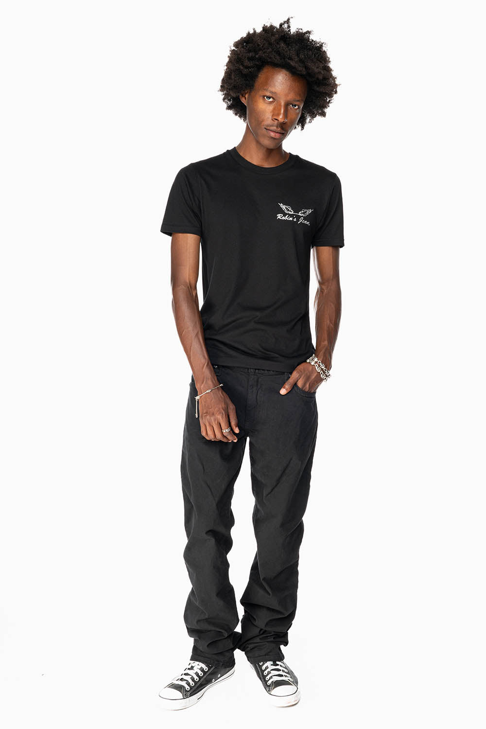 CLASSIC STRAIGHT LEG JEANS IN  BLACK WASH EMBELLISHED WITH STUDS & CRYSTALS