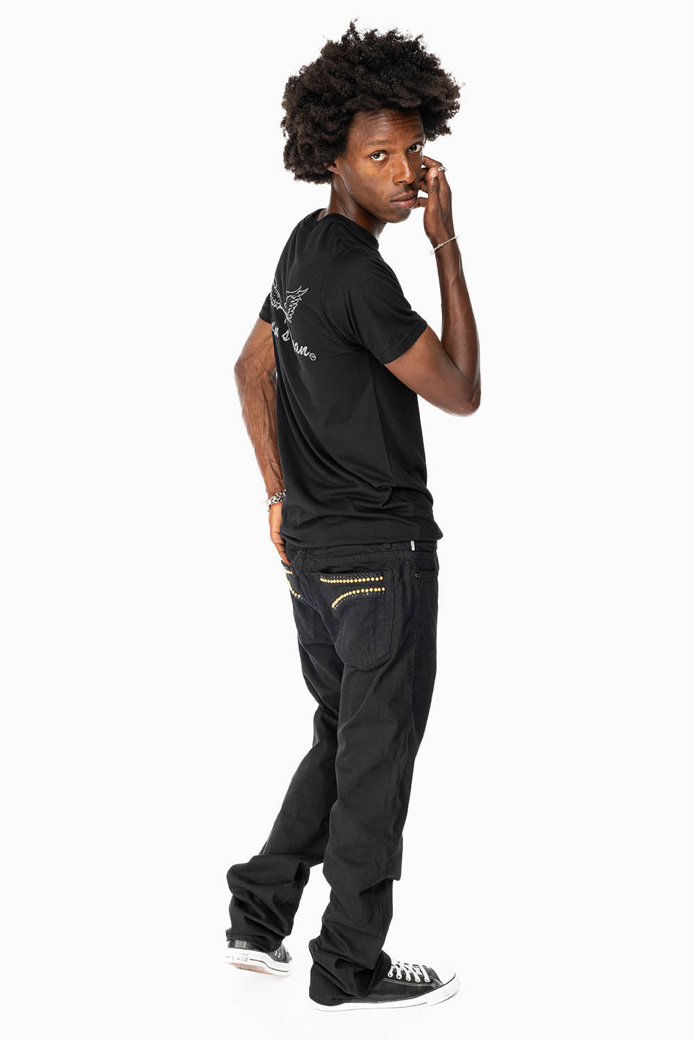 CLASSIC STRAIGHT LEG JEANS IN  BLACK WASH EMBELLISHED WITH STUDS & CRYSTALS