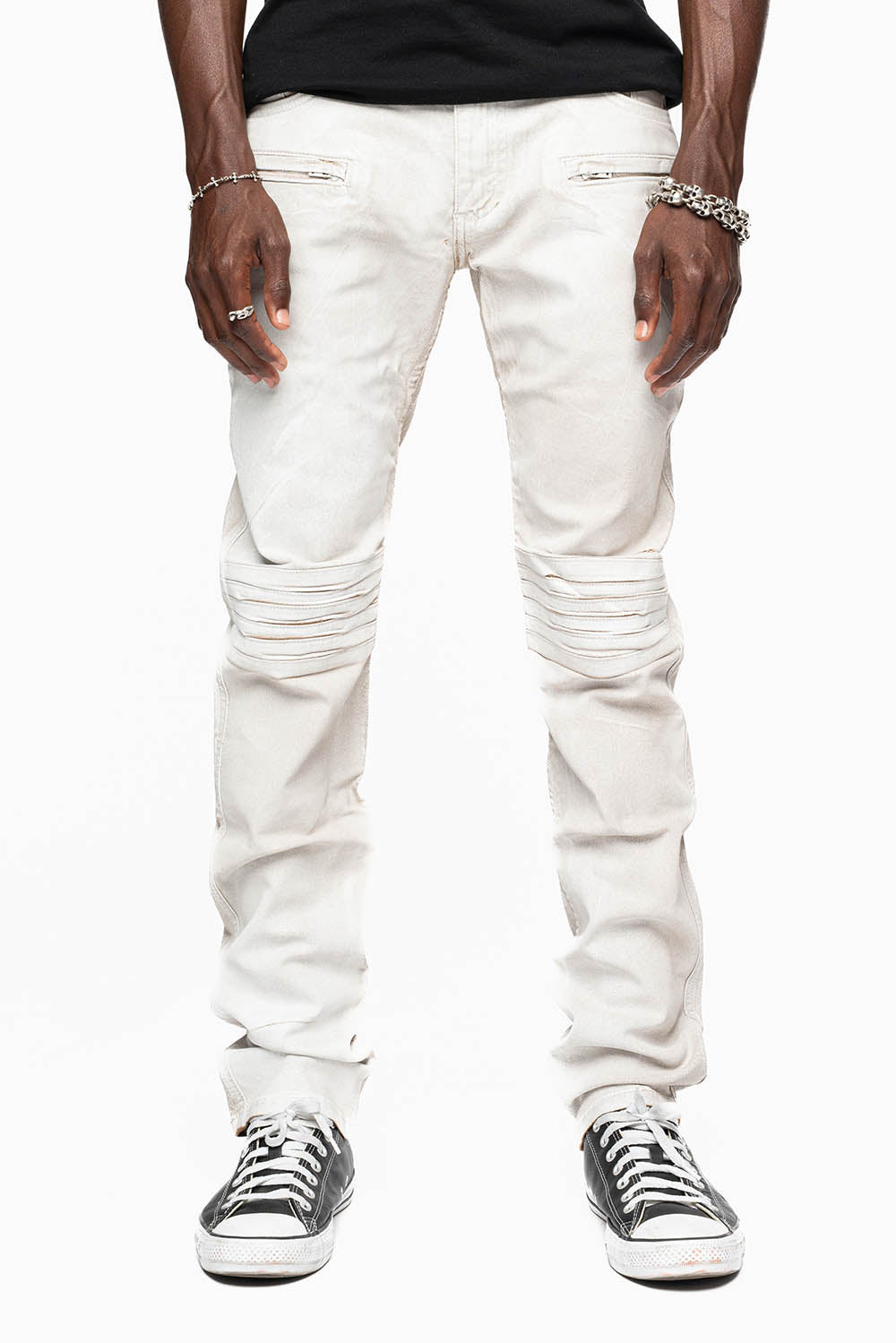 MENS MOTO BIKER JEANS IN COATED CUIR WHITE WASH