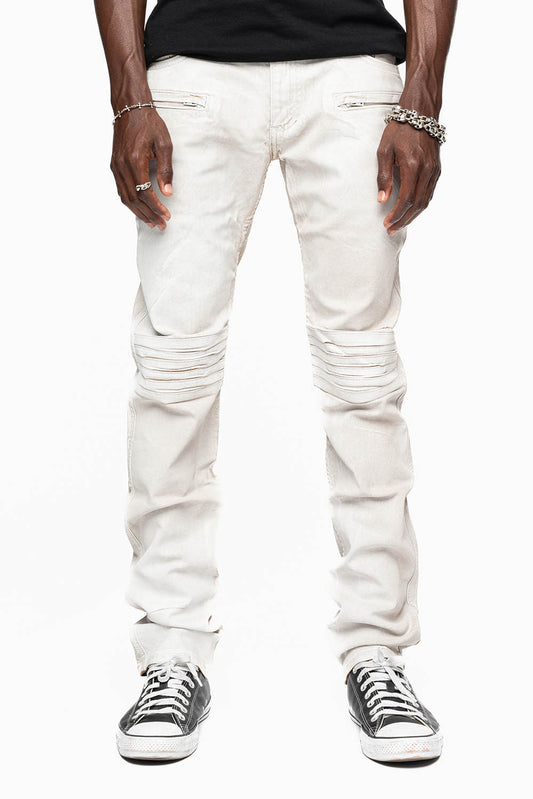 MENS MOTO BIKER JEANS IN COATED CUIR WHITE WASH