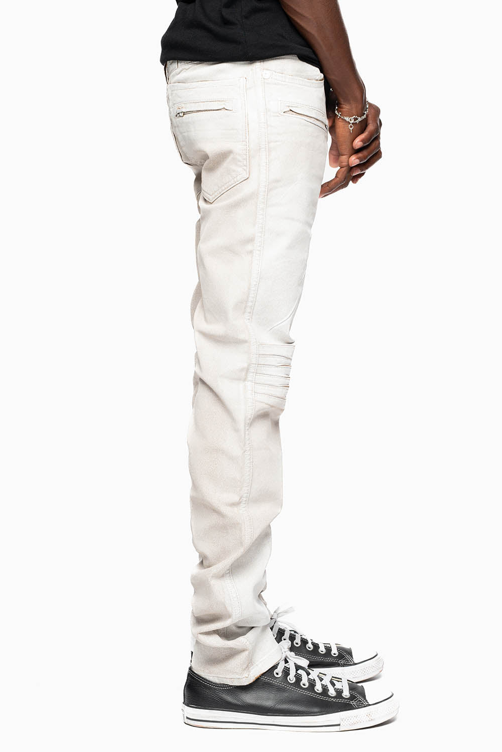 MENS MOTO BIKER JEANS IN COATED CUIR WHITE WASH
