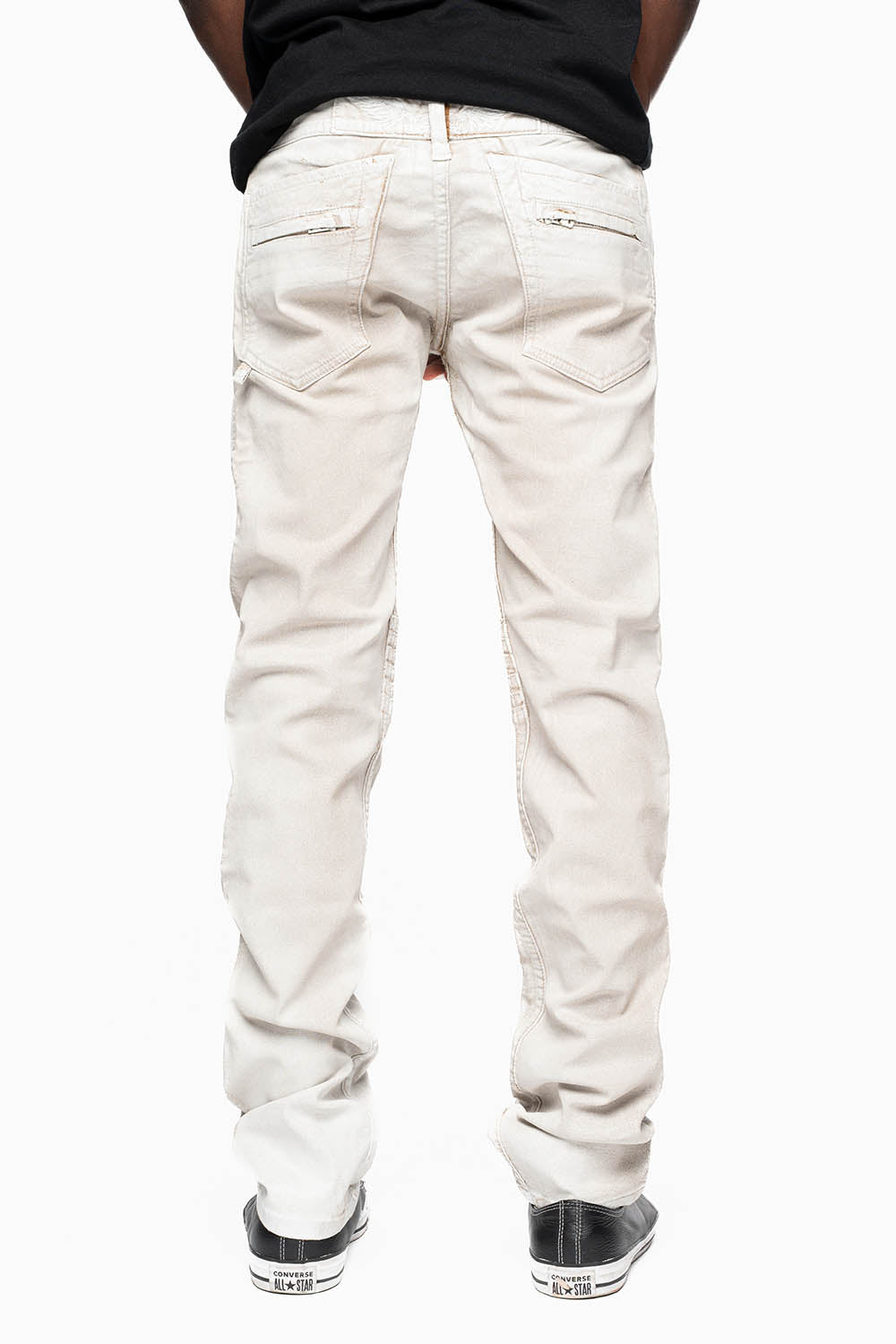 MENS MOTO BIKER JEANS IN COATED CUIR WHITE WASH