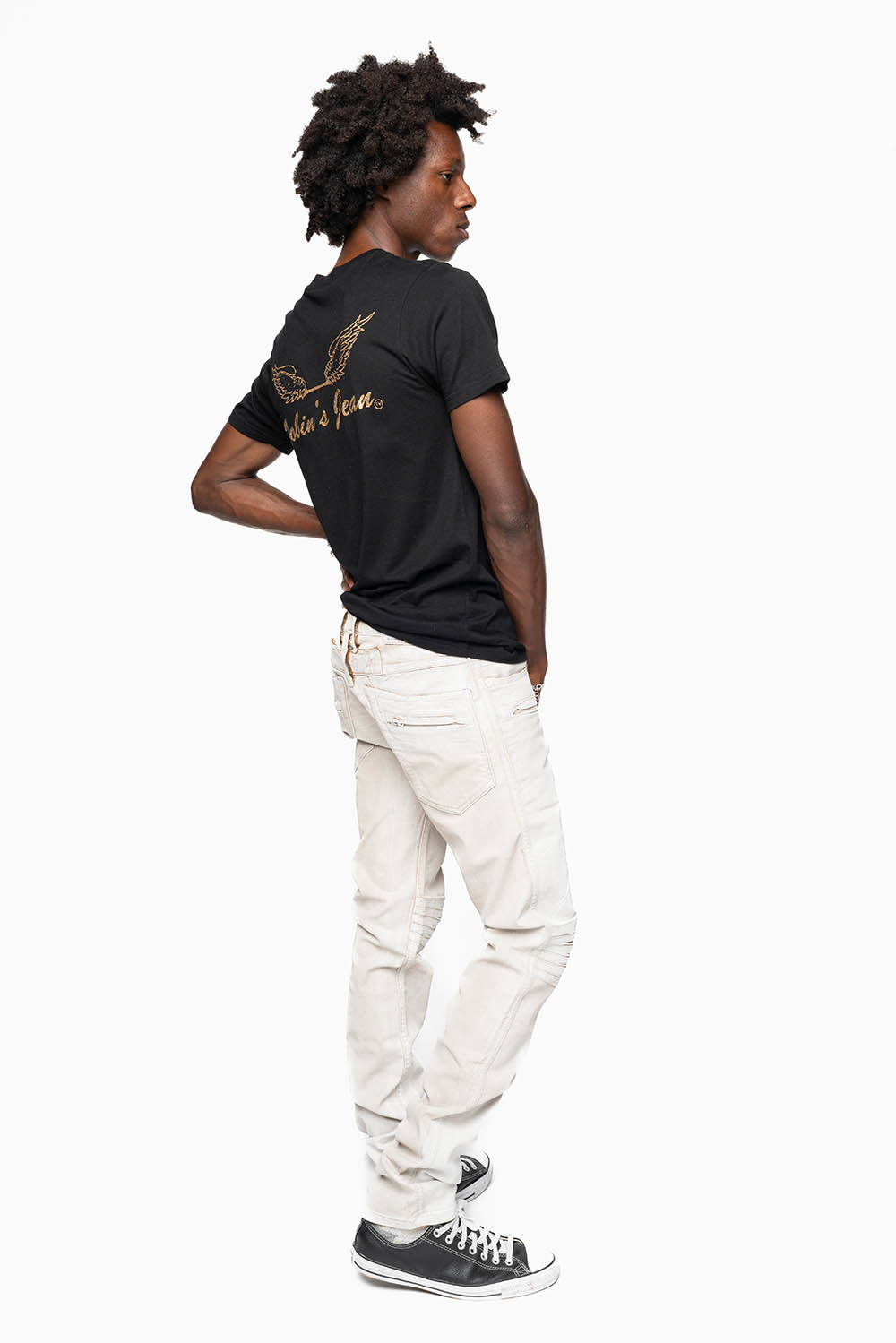 MENS MOTO BIKER JEANS IN COATED CUIR WHITE WASH