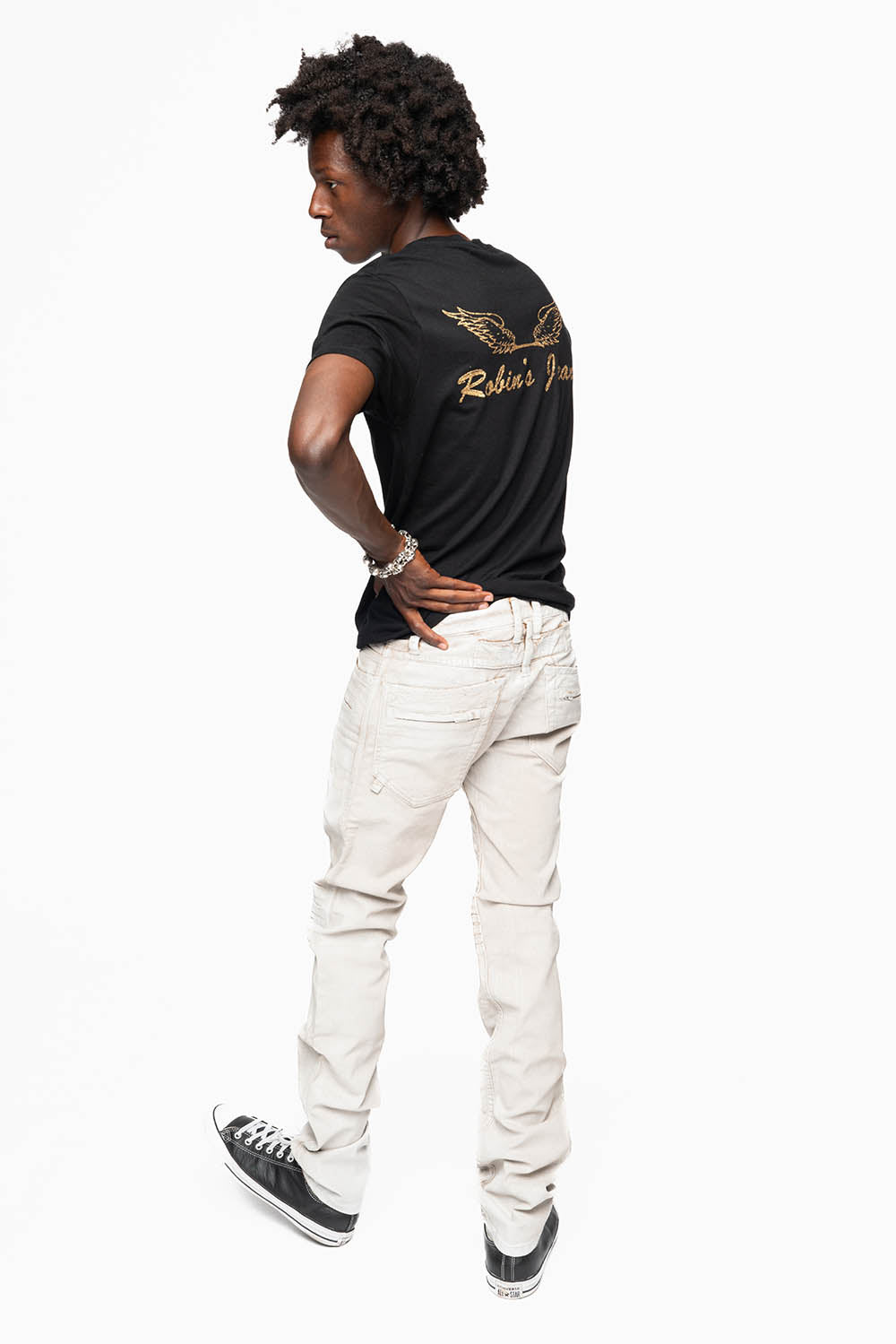 MENS MOTO BIKER JEANS IN COATED CUIR WHITE WASH