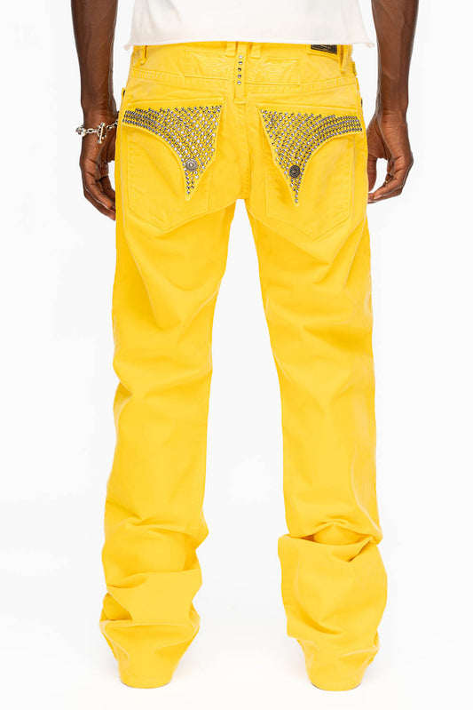 LONG POCKET FLAP JEANS WITH CRYSTALS IN YELLOW