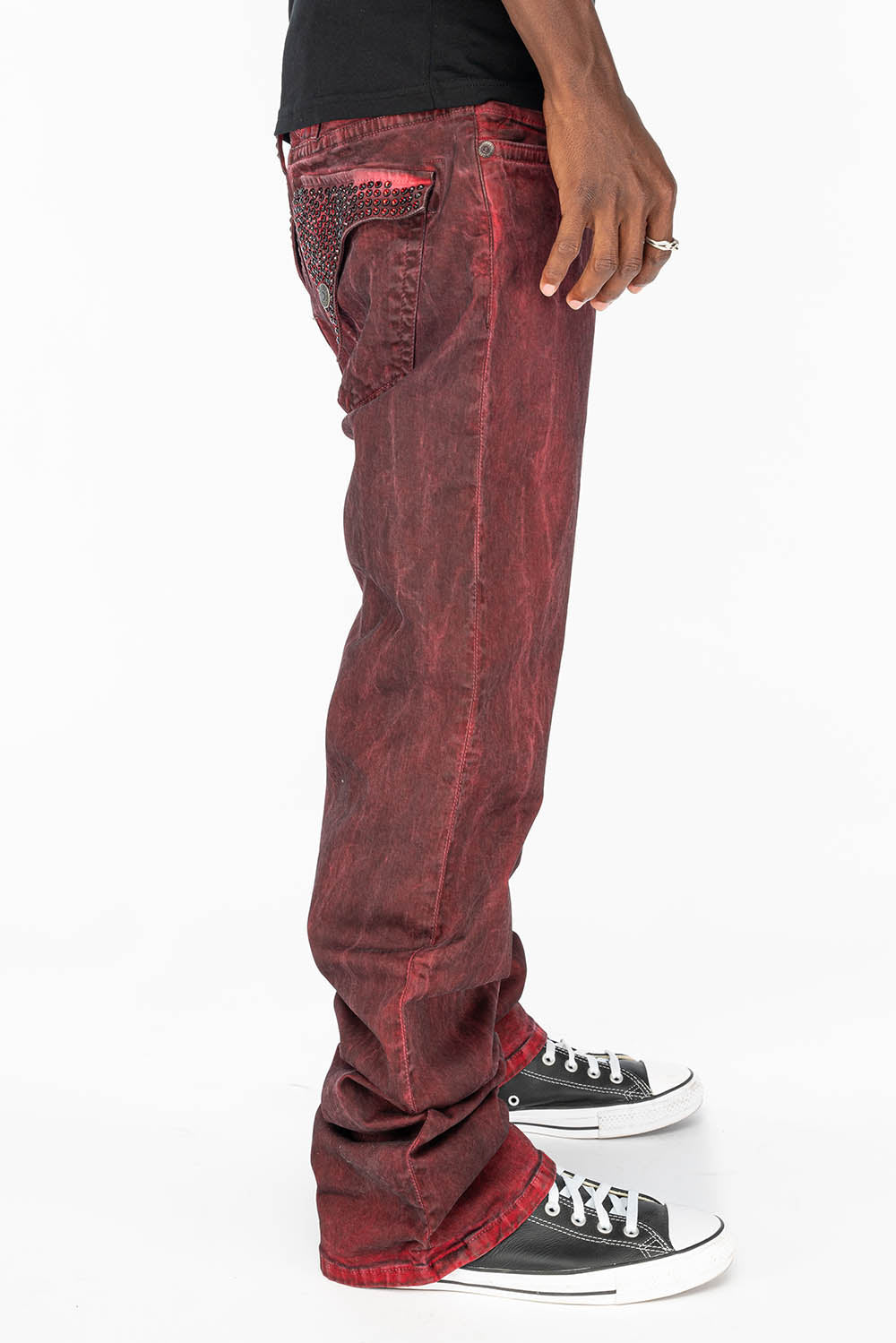 LONG FLAP MENS BOOT CUT JEANS WITH CRYSTALS IN RUG BURGUNDY WASH