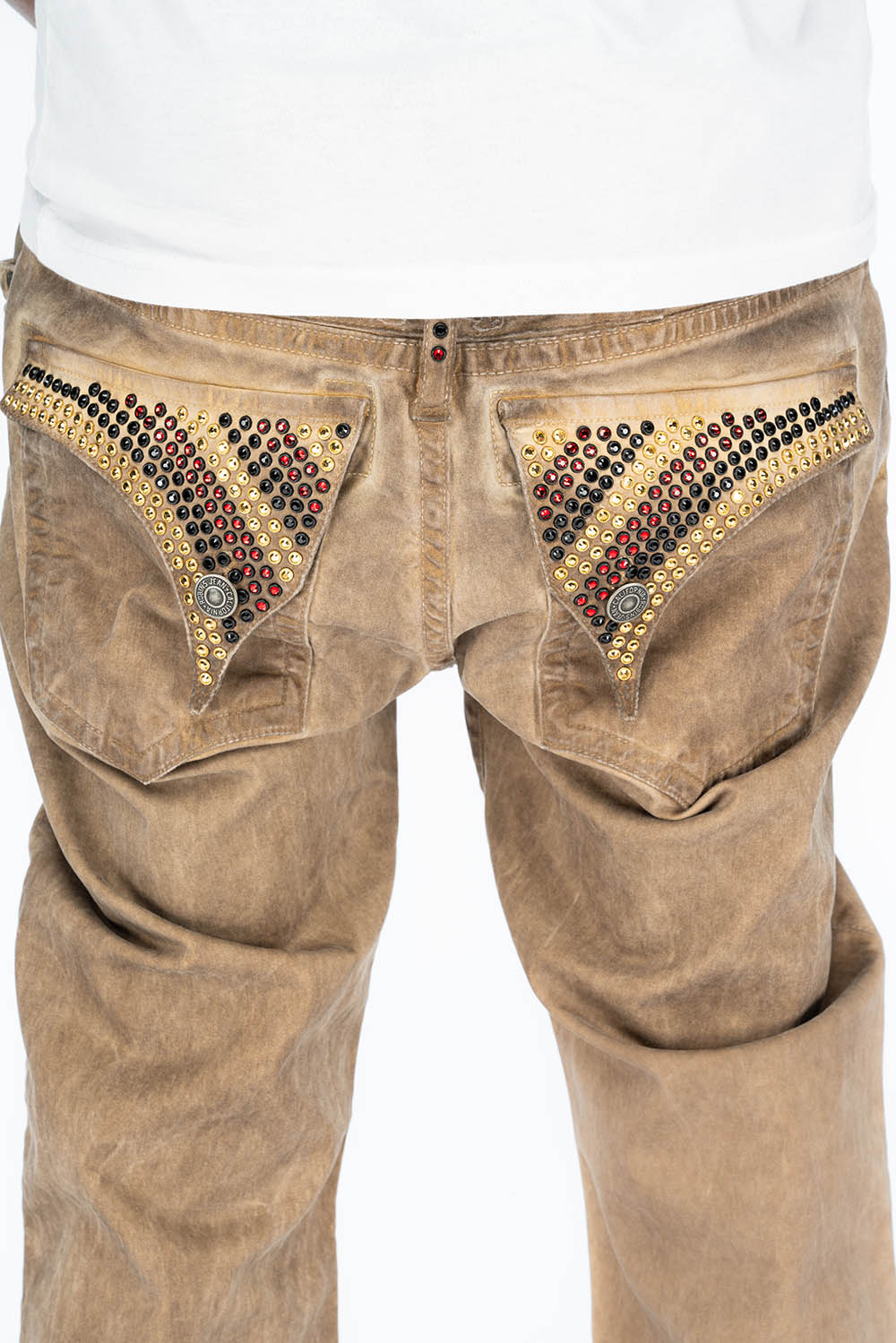 LONG FLAP MENS BOOT CUT JEANS WITH CRYSTALS IN VINTAGE KHAKI WASH