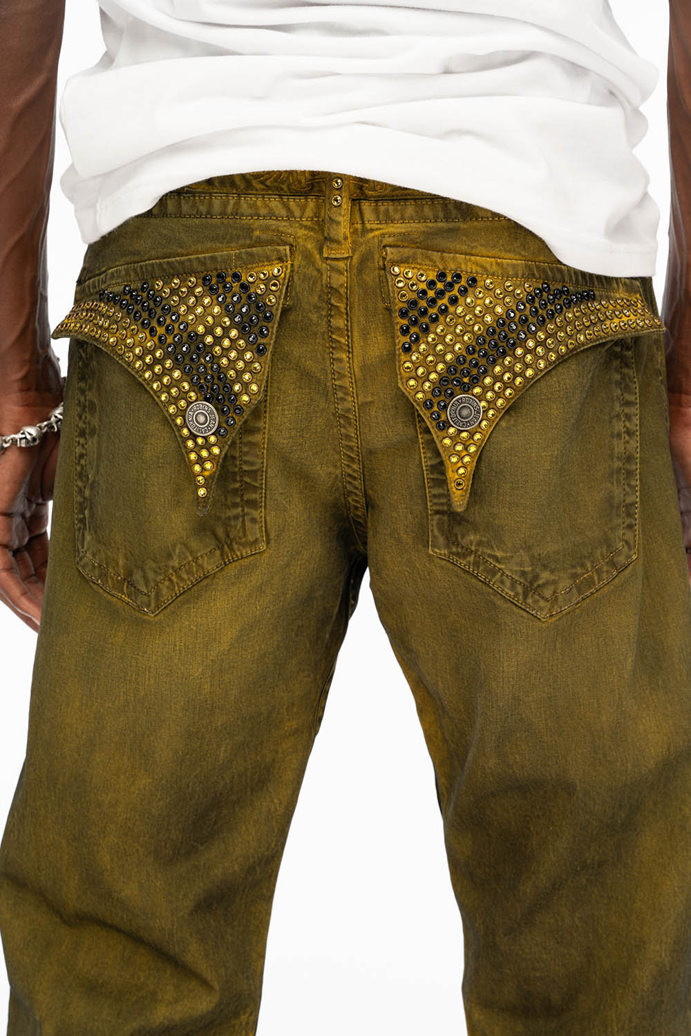 LONG FLAP MENS STRAIGHT JEANS WITH CRYSTALS IN DUSTY YELLOW