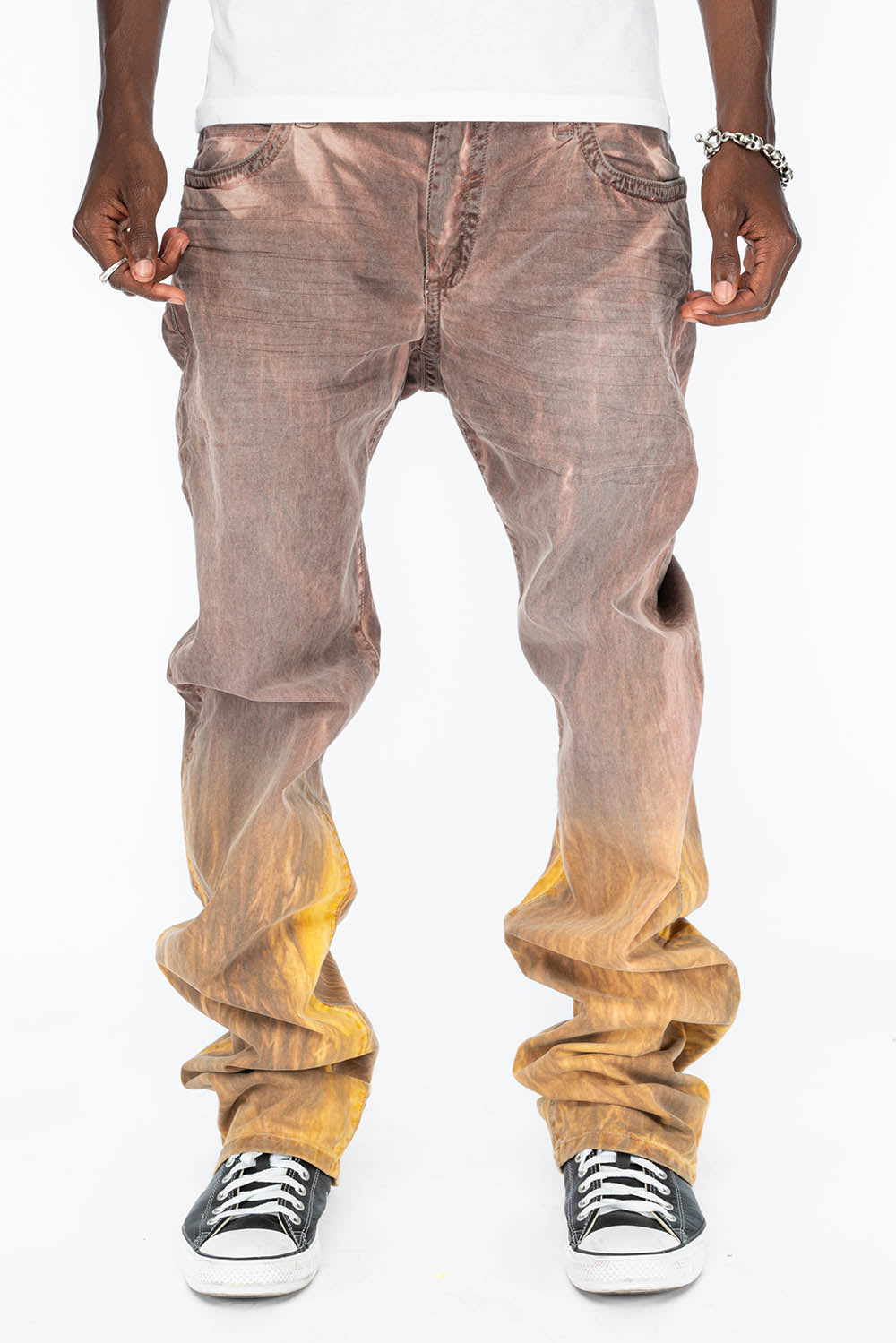 LONG FLAP MENS STRAIGHT LEG JEANS WITH CRYSTALS IN CANDY WASH