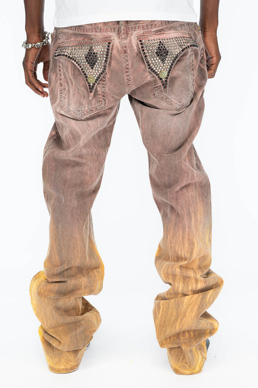 LONG FLAP MENS STRAIGHT LEG JEANS WITH CRYSTALS IN CANDY WASH