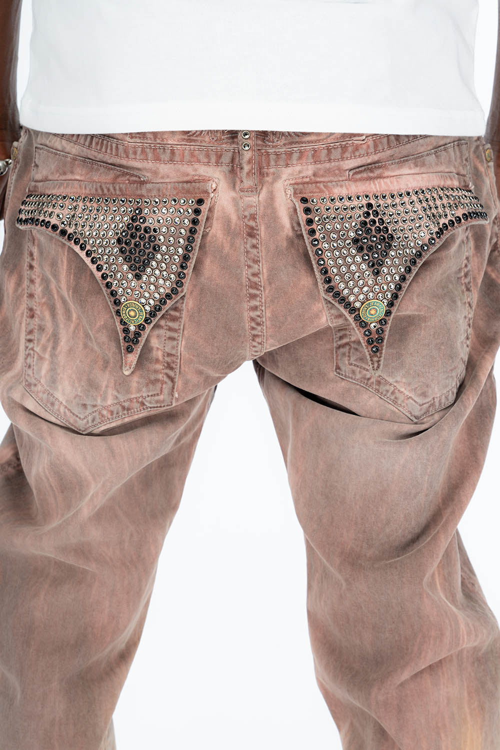 LONG FLAP MENS STRAIGHT LEG JEANS WITH CRYSTALS IN CANDY WASH