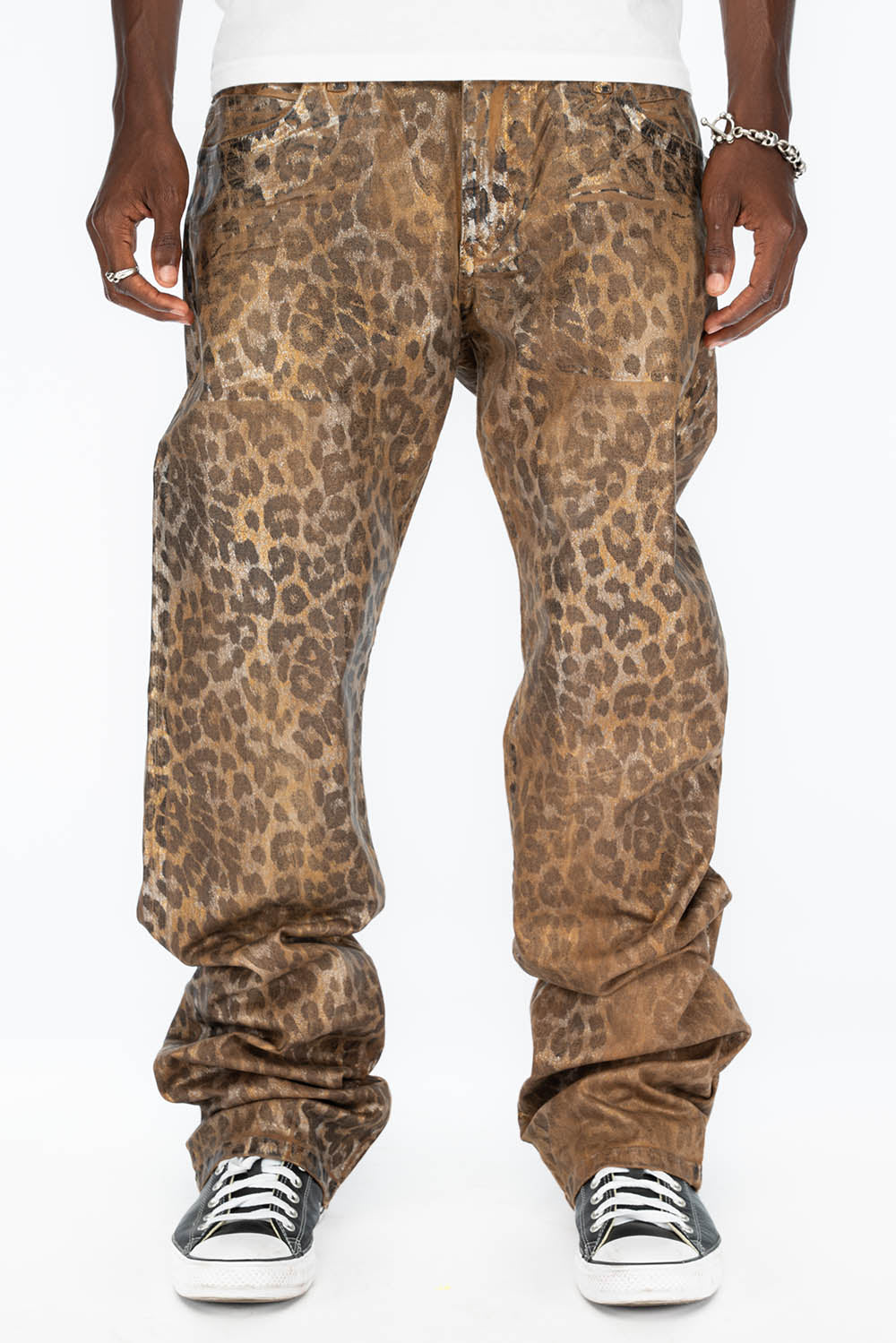 MENS CLASSIC STRAIGHT LEG LONG FLAP JEANS IN LEOPARD SAFARI KHAKI WITH CRYSTALS