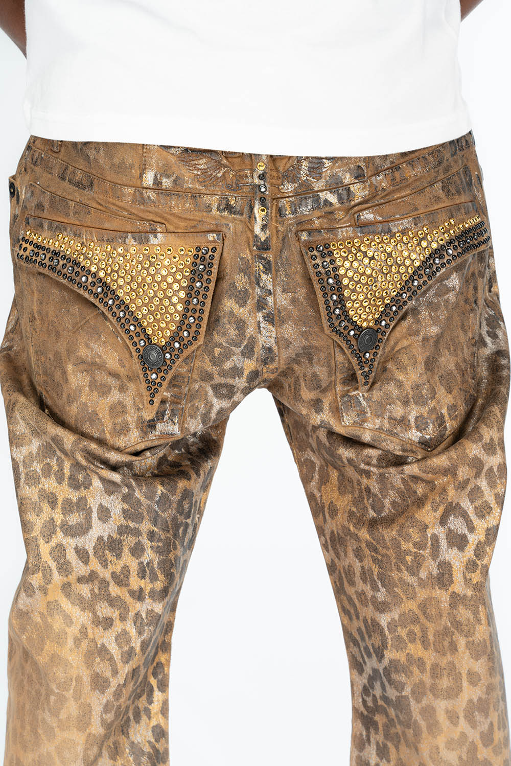 MENS CLASSIC STRAIGHT LEG LONG FLAP JEANS IN LEOPARD SAFARI KHAKI WITH CRYSTALS