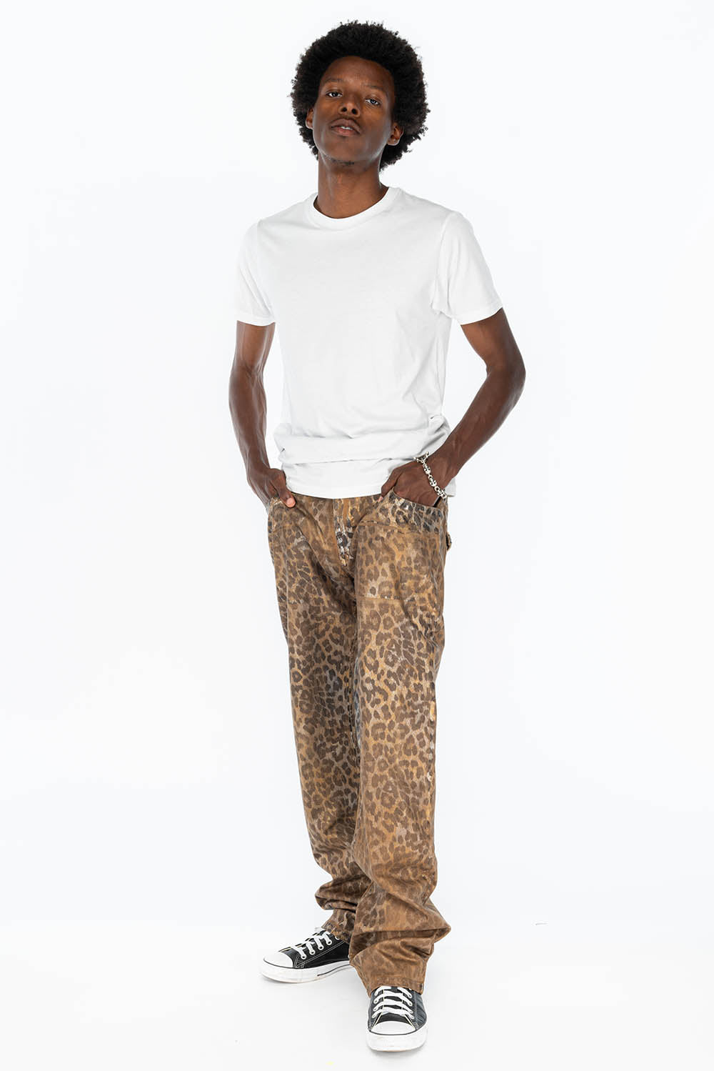 MENS CLASSIC STRAIGHT LEG LONG FLAP JEANS IN LEOPARD SAFARI KHAKI WITH CRYSTALS